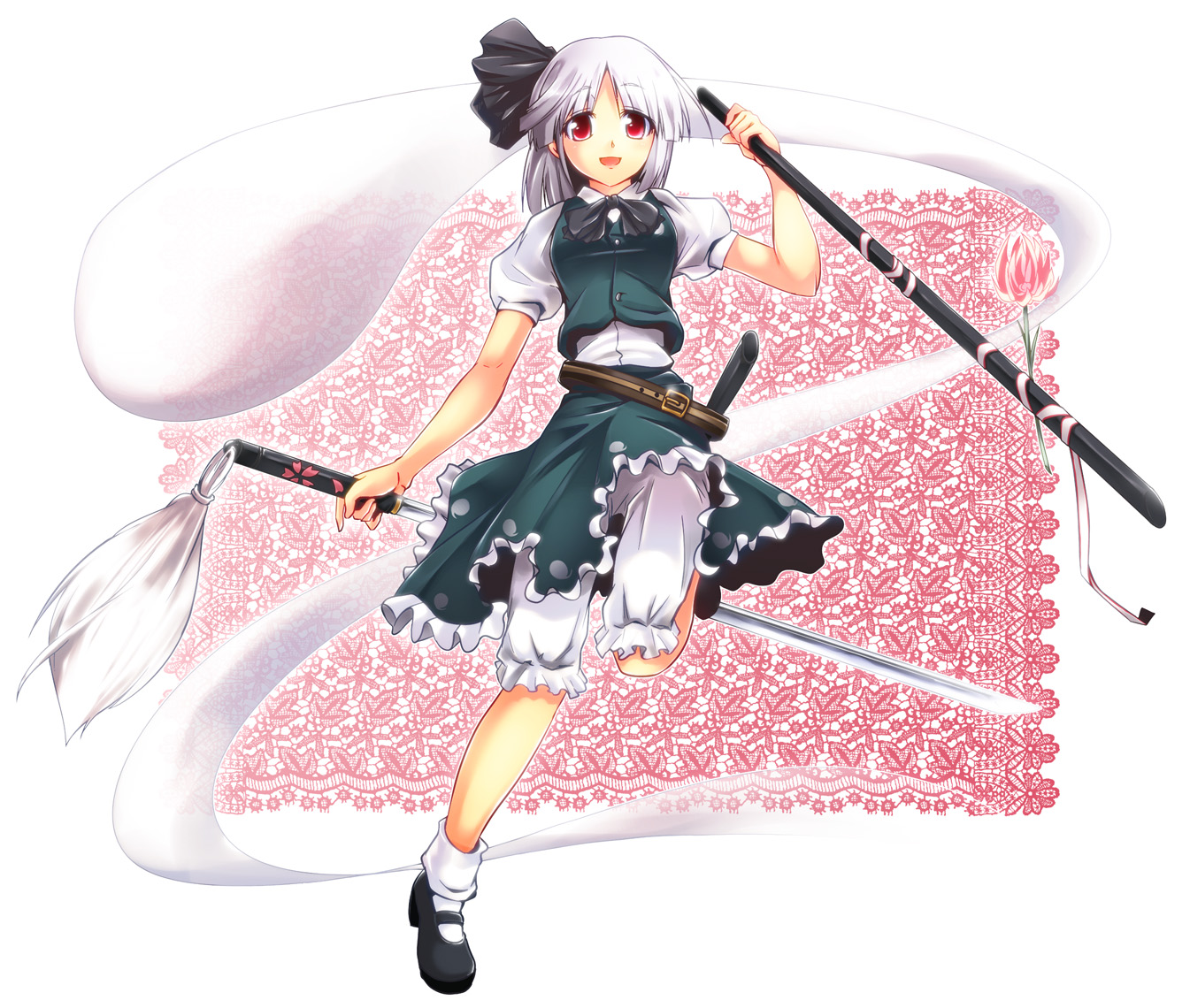 dorne, konpaku youmu, konpaku youmu (ghost), touhou, silver hair, 1girl, belt, black shoes, bloomers, female focus, flower, full body, ghost, hairband, katana, red eyes, sheath, shoes, short hair, solo, sword, underwear, weapon