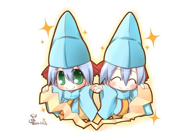 ryuzin, sougyo no kotowari, bleach, bleach: zanpakutou ibun hen, 2boys, brothers, chibi, hat, holding hands, male focus, multiple boys, siblings, twins