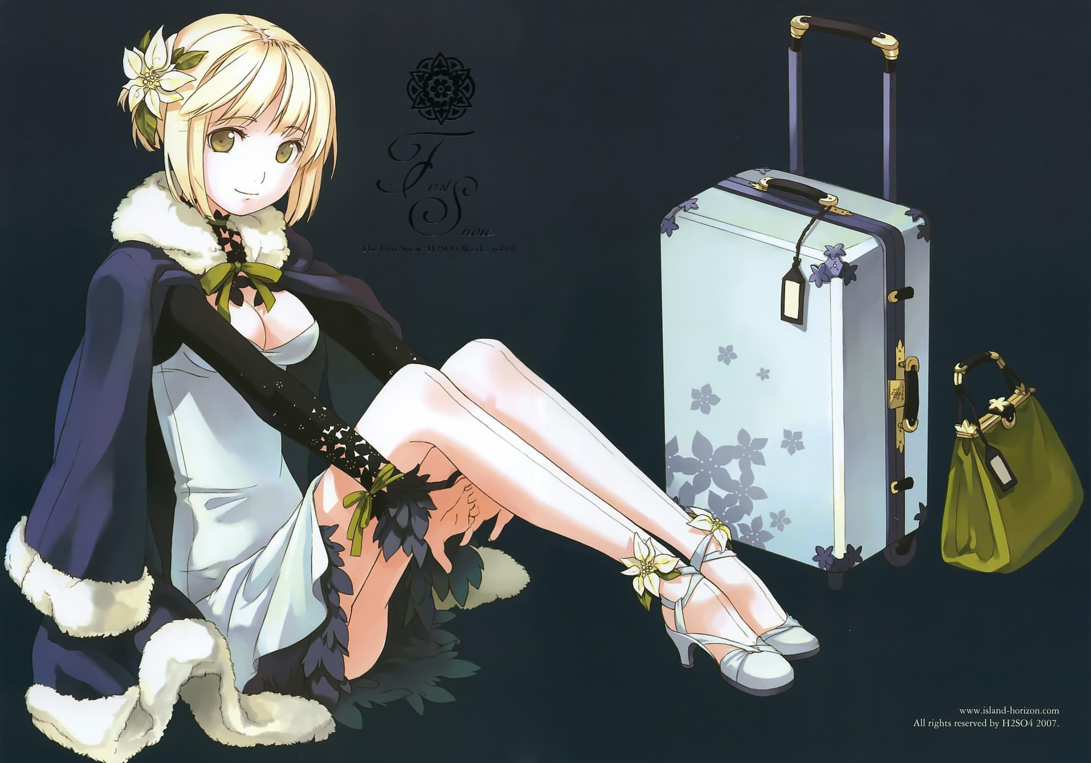 h2so4, original, fur, luggage, highres, 1girl, blonde hair, bow, breasts, cleavage, coat, dress, english text, feathers, female focus, flower, fur coat, hair flower, hair ornament, high heels, lace, legs, shoes, short hair, sitting, smile, solo, thighhighs, yellow eyes