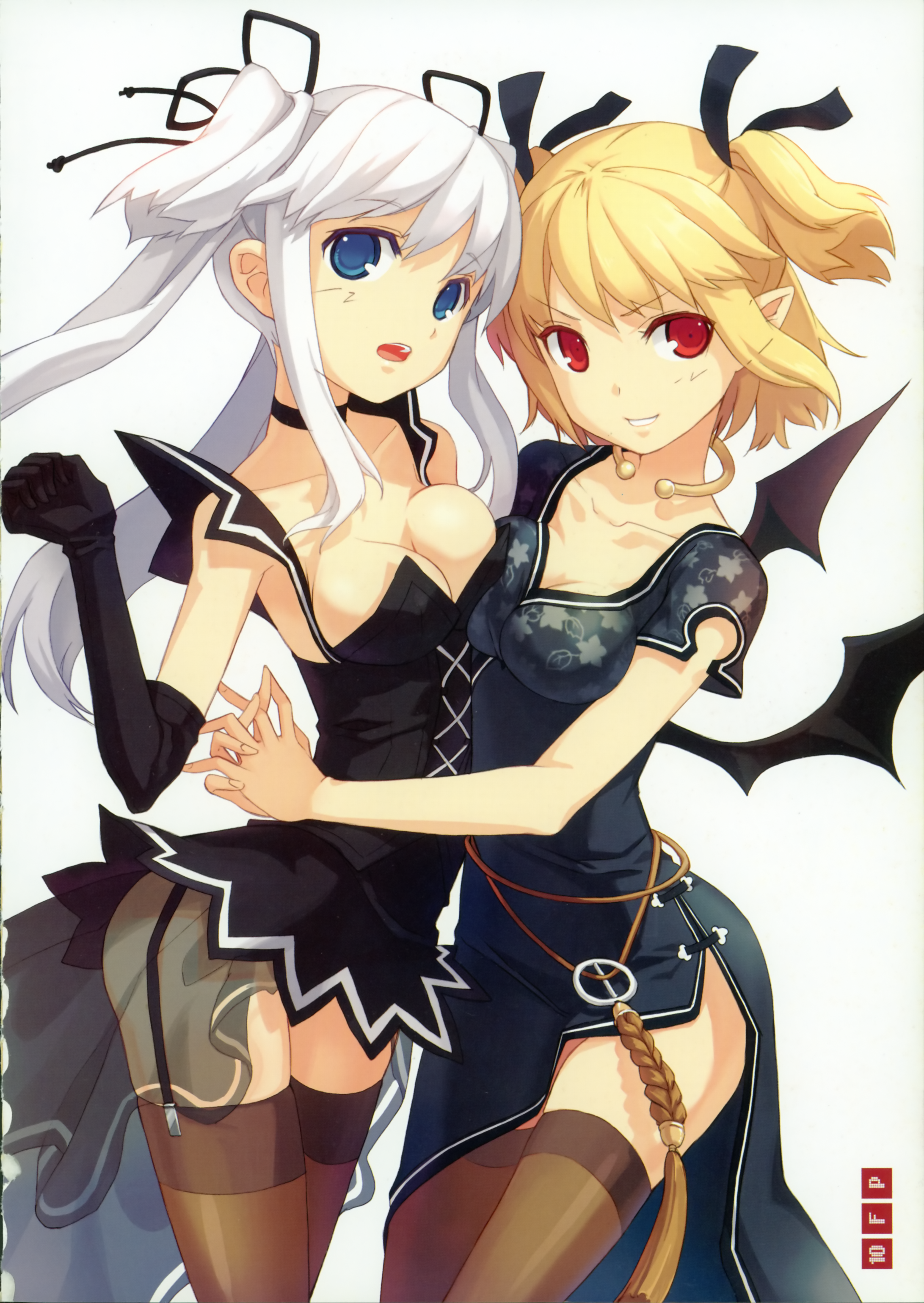 h2so4, nao (mabinogi), succubus (mabinogi), mabinogi, silver hair, absurdres, highres, 2girls, arms around waist, bat wings, blonde hair, blue eyes, blush, breast clinging, breast press, breasts, china dress, chinese clothes, choker, cleavage, collarbone, cosplay, costume switch, demon girl, dress, elbow gloves, elf, evil grin, evil smile, female focus, garter belt, garter straps, gloves, grin, hair ribbon, hug, large breasts, long hair, looking at viewer, multiple girls, naughty face, open mouth, pointy ears, red eyes, ribbon, see-through clothes, short hair, shy, side slit, smile, symmetrical docking, thighhighs, twintails, wings, yuri