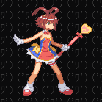 uncoco, yuuma (magipoka), renkin san-kyuu magical pokaan, lowres, bow, bowtie, brown hair, dress, gloves, green eyes, pixel art, solo, wand
