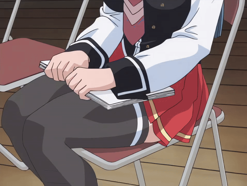 mochida junko, bible black, bible black gaiden, animated, animated gif, tagme, 00s, 1girl, 2002, aqua hair, aroused, blue hair, bow, bowtie, breasts, female focus, glasses, green hair, large breasts, long hair, necktie, red skirt, school, school assembly, school hall, school uniform, sitting, skirt, thighhighs