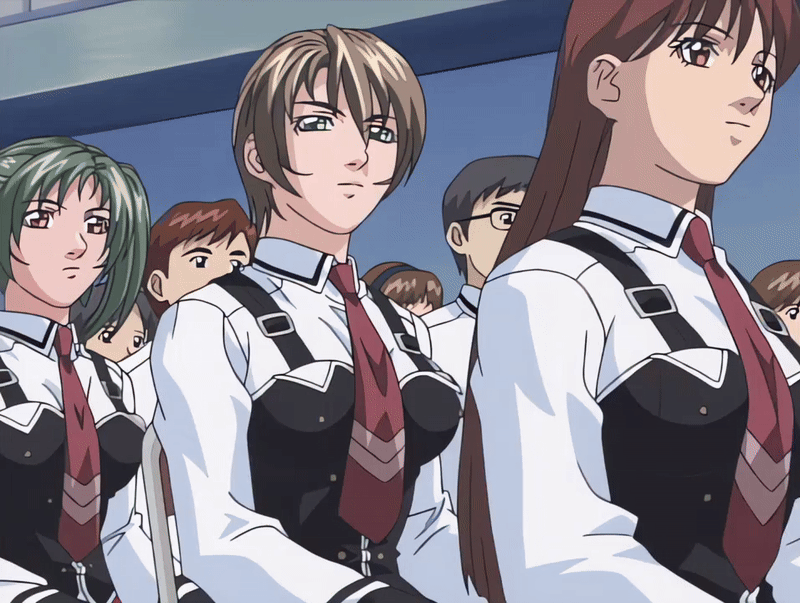morita rie, shido saki, takashiro hiroko, bible black, bible black gaiden, animated, animated gif, tagme, 00s, 2002, 6+boys, 6+girls, bow, bowtie, breasts, brown hair, green eyes, green hair, large breasts, multiple boys, multiple girls, necktie, purple eyes, red hair, school, school assembly, school hall, school uniform, shirt, shirts, short hair, sitting, twintails, white shirt