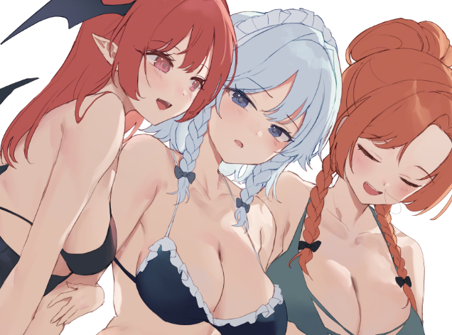 sarukana, hong meiling, izayoi sakuya, koakuma, touhou, character request, 3girls, bat wings, bikini, blue eyes, braid, breasts, cleavage, closed eyes, frilled bikini, frills, grey hair, large breasts, light blush, long hair, multiple girls, orange hair, red eyes, red hair, sidelocks, simple background, sleepy, small breasts, swimsuit, twin braids, white background, wings
