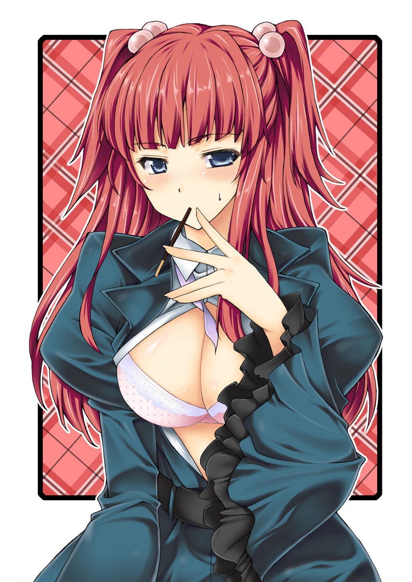 mushi024, ushiromiya ange, umineko no naku koro ni, highres, 1girl, bra, breasts, cleavage, female focus, food, frills, hair bobbles, hair ornament, large breasts, lingerie, open clothes, open shirt, pocky, red hair, shirt, solo, twintails, two side up, underwear