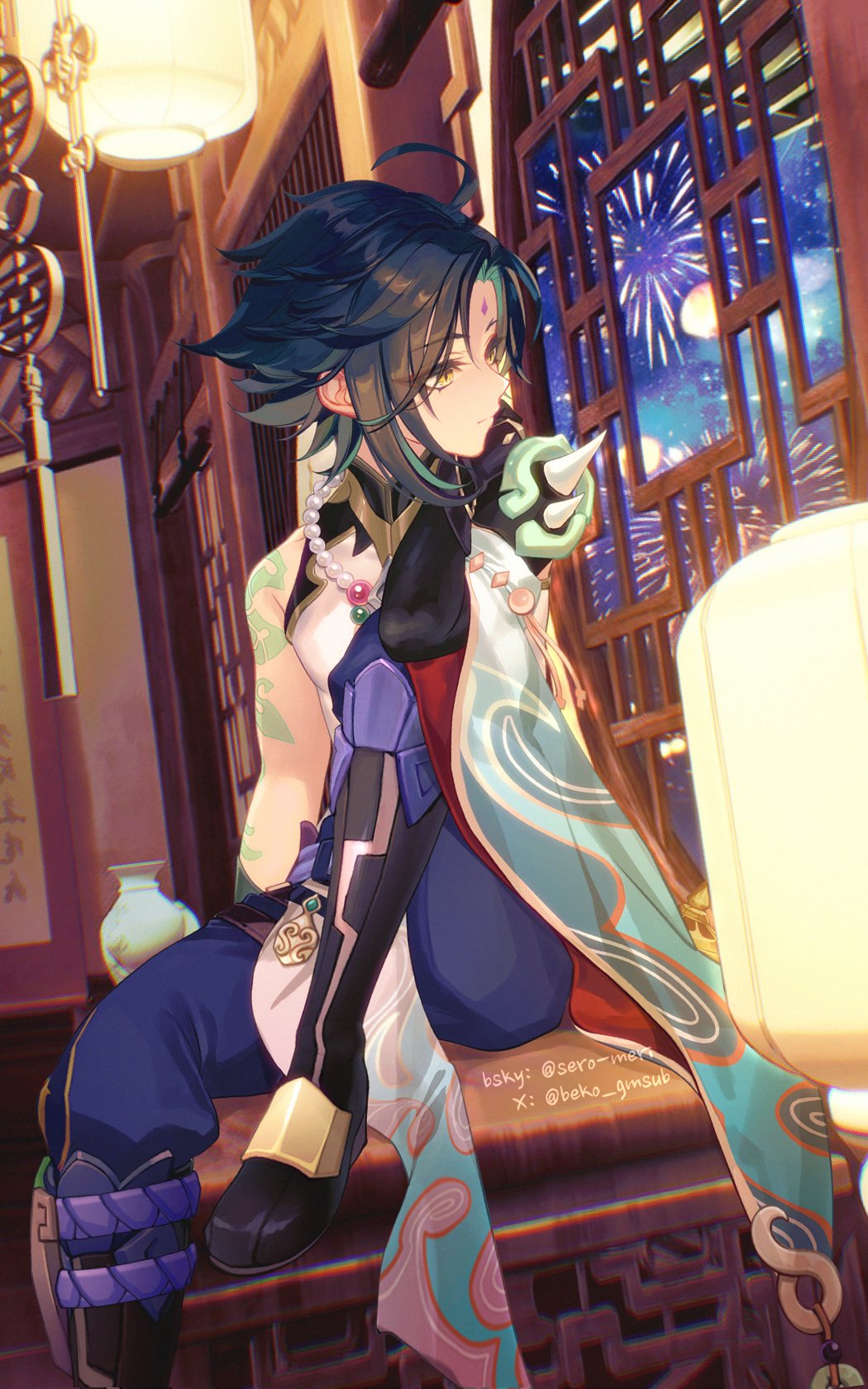 beko gmsub, xiao (genshin impact), genshin impact, commentary request, highres, 1boy, ahoge, black boots, body markings, boots, fireworks, jewelry, knee up, lamp, looking outside, male focus, necklace, pearl necklace, sitting, solo, vase, watermark, window, yellow eyes