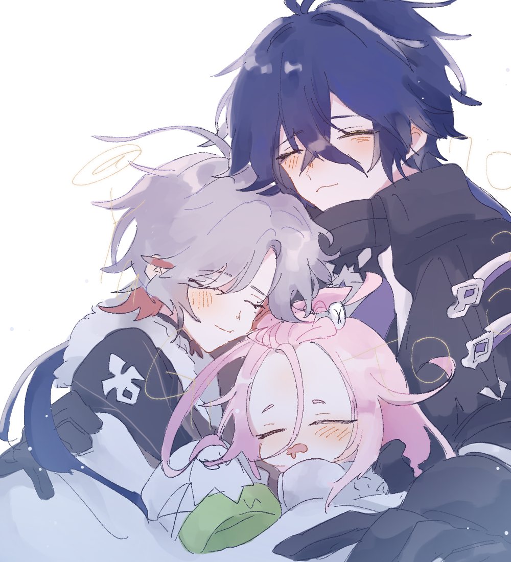 aino (genshin impact), flins (genshin impact), illuga (genshin impact), genshin impact, commentary request, 1girl, 2boys, black gloves, blue hair, blush, closed eyes, closed mouth, fur trim, gloves, male focus, multicolored hair, multiple boys, open mouth, oversized clothes, pink hair, sleeping, smile, white background, yugito0207