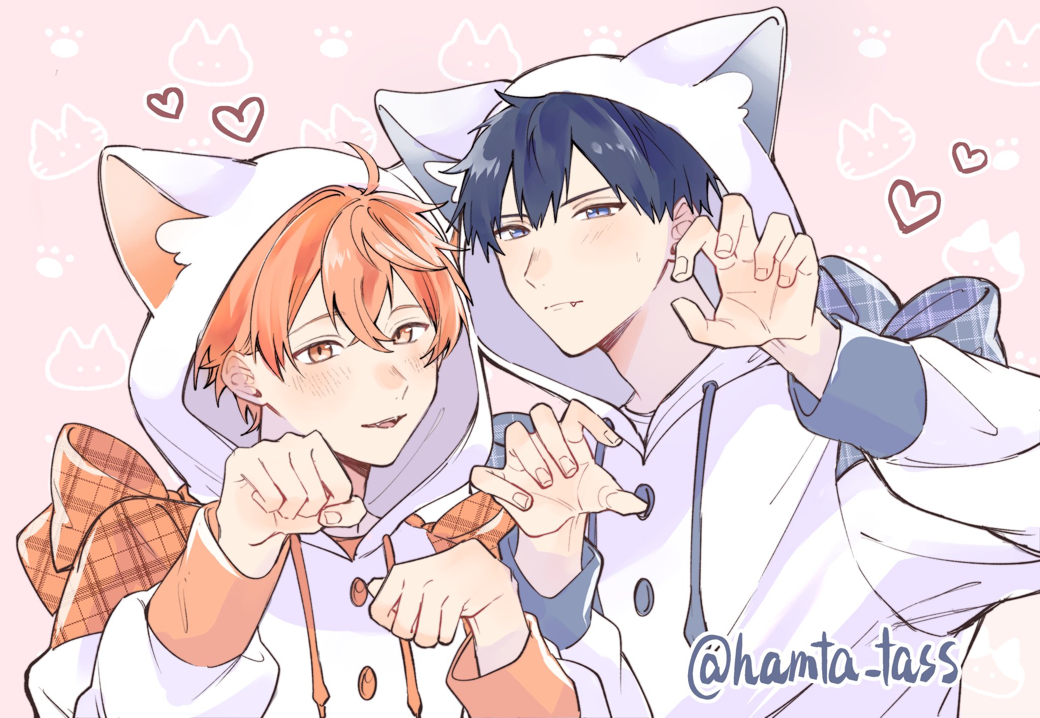 satou mafuyu, uenoyama ritsuka, given, commentary request, highres, 2boys, animal hood, black hair, blue eyes, blush, closed mouth, couple, fang, hamta tass, hands up, heart, hood, looking at viewer, male focus, multiple boys, open mouth, orange eyes, orange hair, teeth, watermark, yaoi
