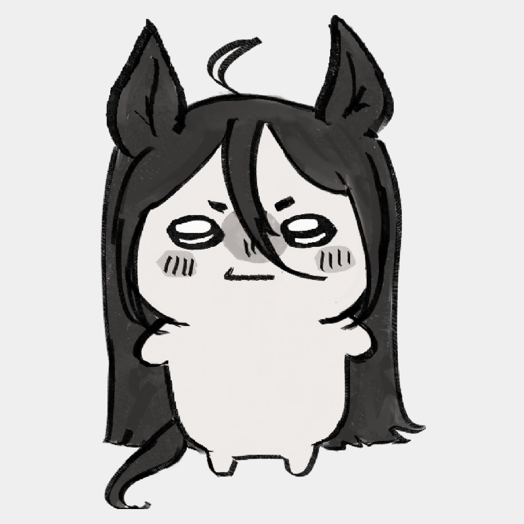 manhattan cafe (umamusume), chiikawa, umamusume, commentary, english commentary, highres, 1girl, ahoge, animal ears, black hair, blush, closed mouth, furrowed brow, hair between eyes, helllmaru, horse ears, horse girl, horse tail, long bangs, long hair, long hair between eyes, multicolored hair, nagano (grayparka) (style), simple background, solo, tail, very long hair, white background, white hair