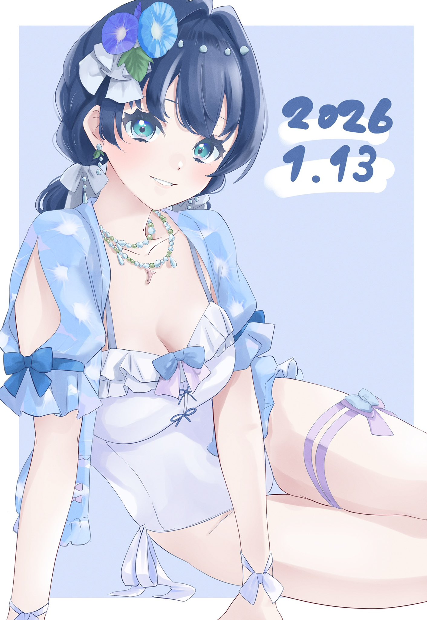 hanamaruyama628, murano sayaka, link! like! love live!, love live!, commentary request, highres, 1girl, birthday, blue eyes, blue hair, breasts, casual one-piece swimsuit, cleavage, dated, hair ornament, hair ribbon, jewelry, long hair, long sleeves, looking at viewer, low twintails, medium breasts, necklace, one-piece swimsuit, ribbon, sitting, smile, solo, swimsuit, twintails, white one-piece swimsuit