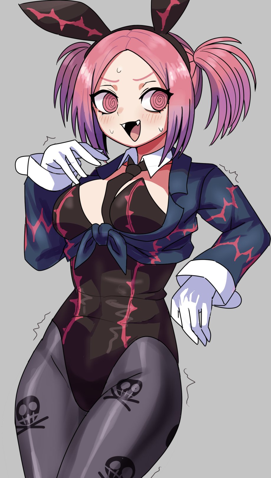 wadatsumi (sense11531153), tour guide from the underworld, yu-gi-oh!, commentary request, highres, 1girl, @ @, animal ears, blush, bow, bowtie, breasts, detached collar, duel monster, fake animal ears, fangs, gloves, grey background, large breasts, leotard, long sleeves, necktie, open mouth, pantyhose, playboy bunny, rabbit ears, red eyes, red hair, simple background, skull and crossbones, skull print, twintails, white gloves