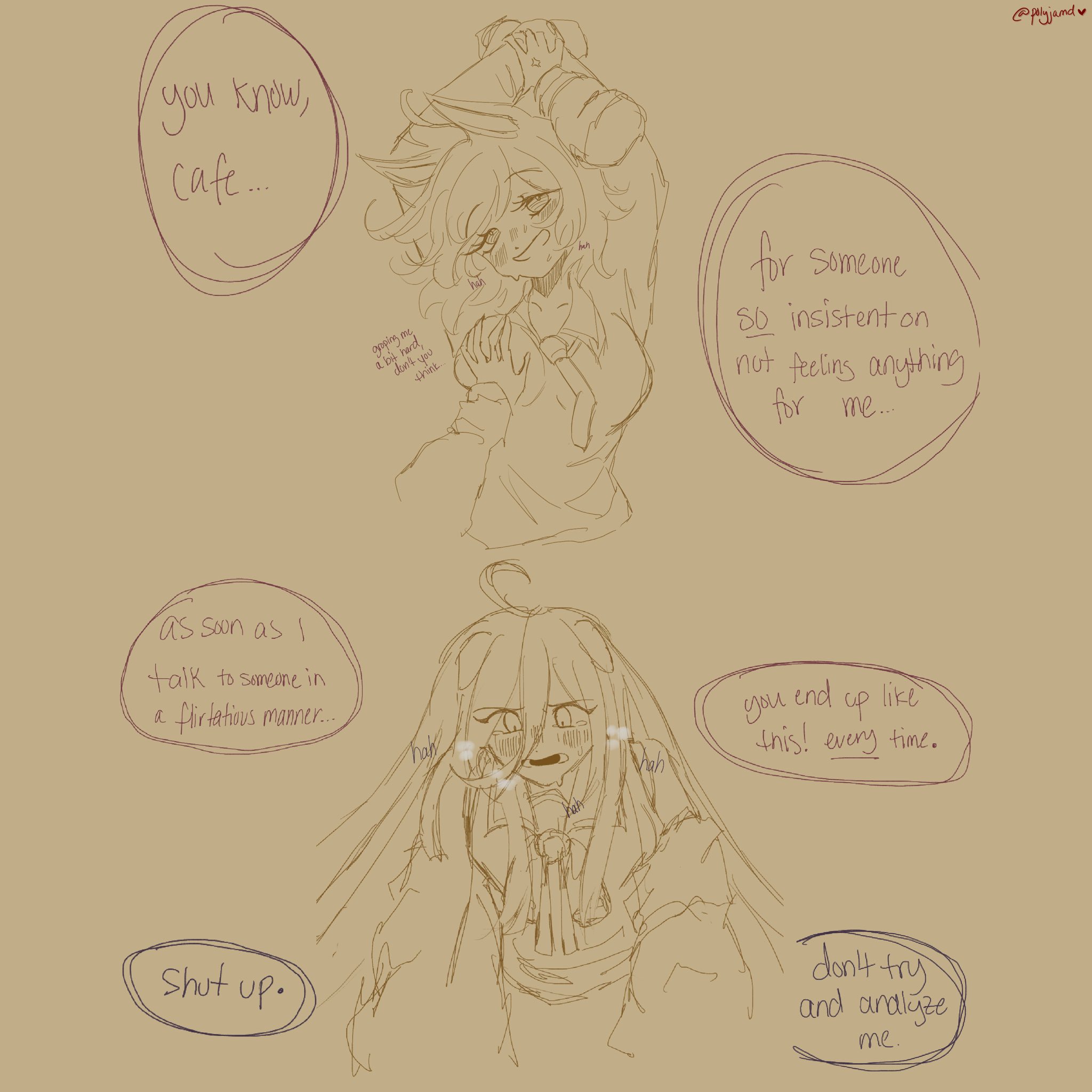 agnes tachyon (umamusume), manhattan cafe (umamusume), umamusume, highres, 2girls, anger vein, animal ears, arms up, aroused, blush, bow, bowtie, braid, breasts, collared shirt, ears down, embarrassed, english text, grabbing another's breast, groping, hair between eyes, heavy breathing, holding another's wrist, horse ears, horse girl, long hair, long hair between eyes, long sleeves, looking at viewer, medium breasts, multiple girls, necktie, parted lips, pinned, polyjamd, sailor collar, school uniform, shirt, simple background, sketch, smile, speech bubble, sweat, tearing up, tracen school uniform, twin braids, twitter username, very long hair, yukadon on viewer, yuri