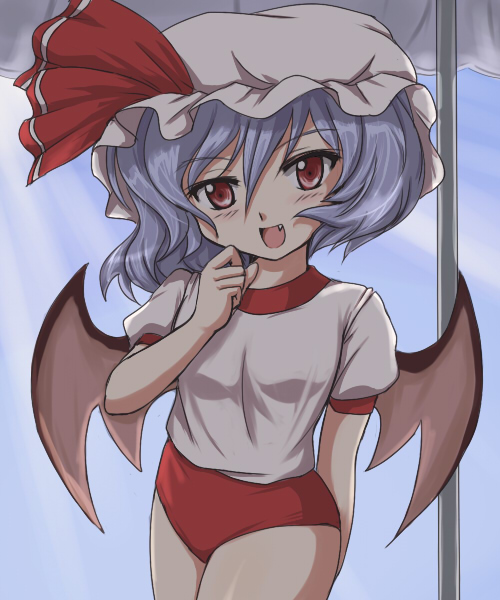 flx, remilia scarlet, touhou, 1girl, alternate costume, bat wings, blush, buruma, fang, female focus, gradient background, gym uniform, hat, purple hair, red eyes, solo, wings