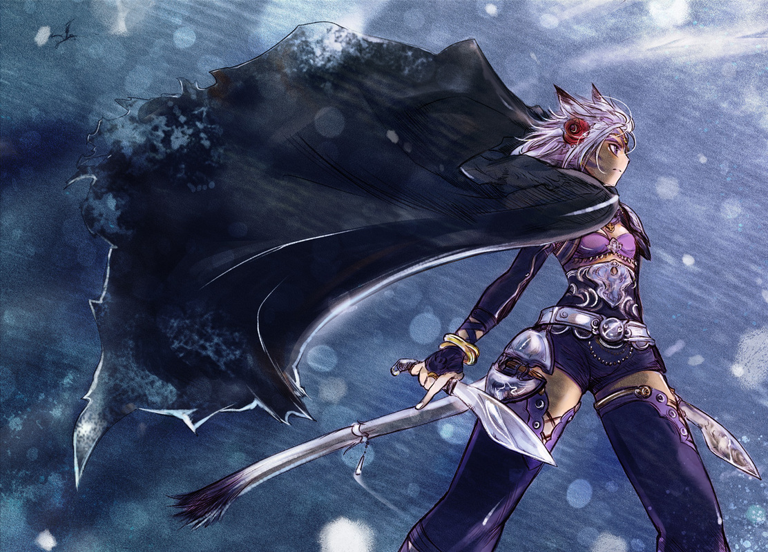 doraeshi, mithra (ff11), final fantasy, final fantasy xi, 00s, 1girl, animal ears, cape, cat ears, cat tail, dagger, dual wielding, female focus, flower, holding, knife, rose, solo, tail, thighhighs, weapon, white hair