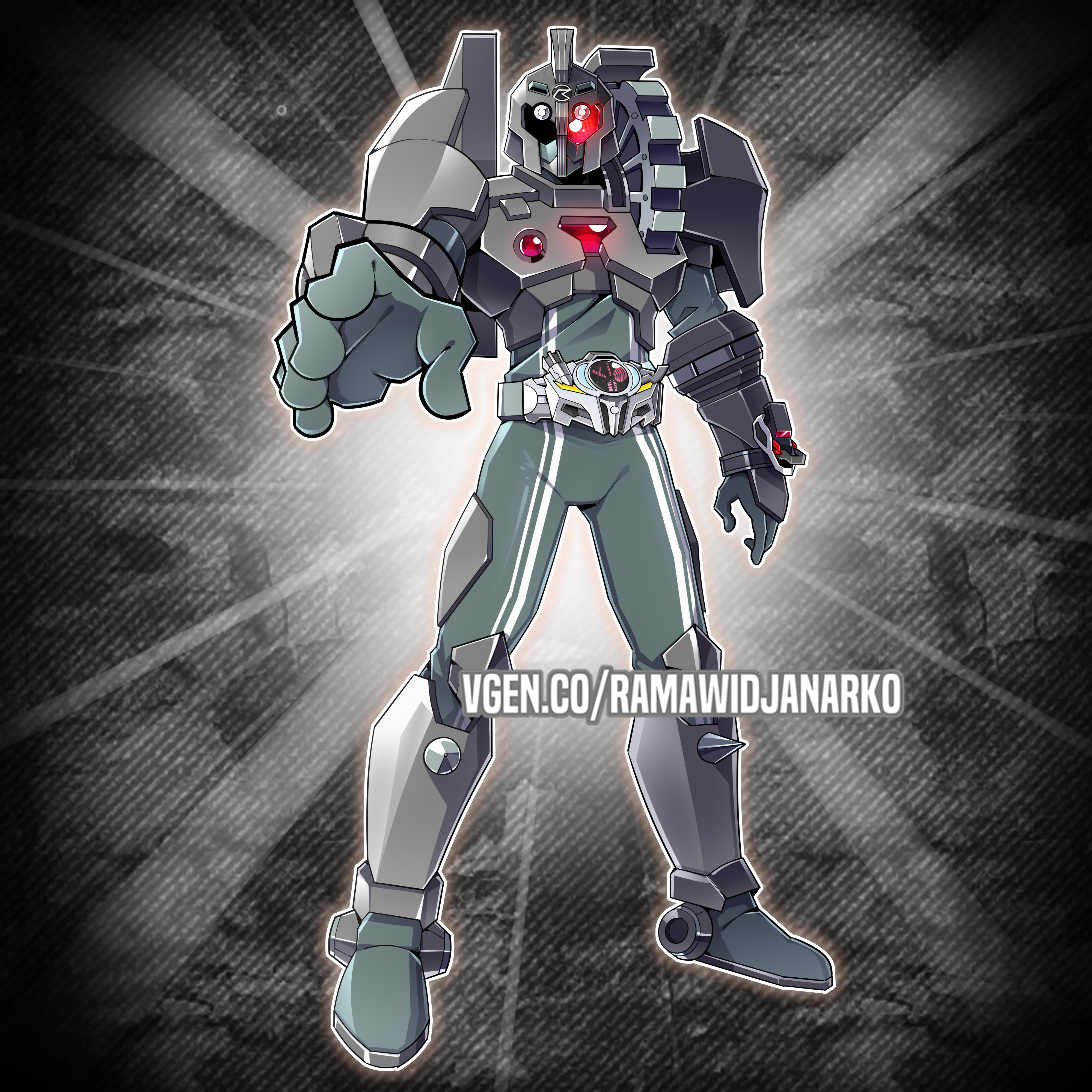 ramawidjanarko2, ancient gear golem, kamen rider drive, kamen rider, kamen rider drive (series), tokusatsu, yu-gi-oh!, absurdres, commentary, commission, english commentary, highres, vgen commission, 1boy, ancient gear golem (cosplay), armor, belt, bodysuit, compound eyes, cosplay, full body, gears, gloves, glowing, glowing eye, grey background, helmet, legs apart, male focus, mask, outstretched arm, red eyes, rider belt, solo, standing, vgen username