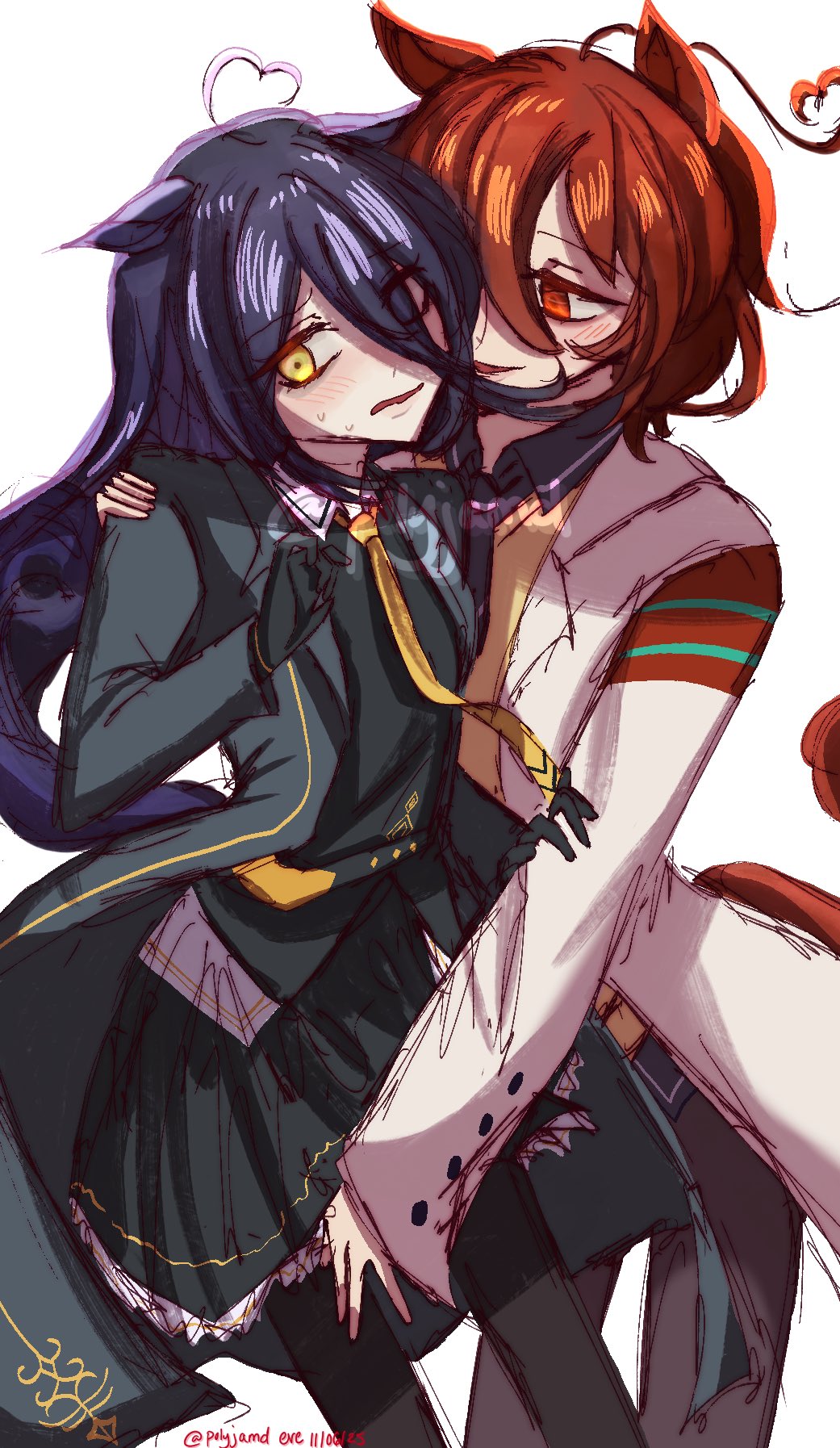 agnes tachyon (umamusume), manhattan cafe (umamusume), umamusume, caress, commentary, english commentary, highres, 2girls, adjusting eyewear, ahoge, belt, black belt, black coat, black gloves, black hair, black pantyhose, black shirt, black skirt, blush, brown hair, coat, collared shirt, expressive hair, gloves, hair between eyes, hand on another's arm, hand on another's shoulder, hand on another's thigh, hand up, heart, heart ahoge, huge ahoge, lab coat, long hair between eyes, long sleeves, multiple girls, nail polish, necktie, open clothes, open coat, pantyhose, parted lips, pleated skirt, polyjamd, red eyes, shirt, short hair, simple background, skirt, sweatdrop, twitter username, white background, white coat, yellow eyes, yellow necktie, yuri