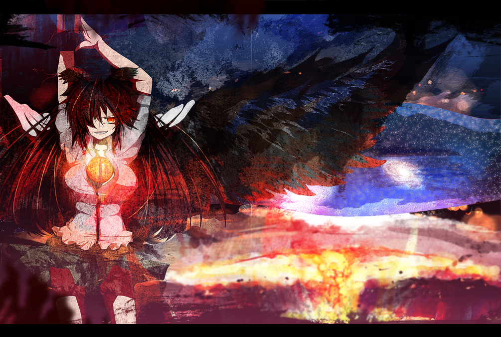 ryouma (galley), reiuji utsuho, touhou, bad id, bad pixiv id, 1girl, arm cannon, arms up, bird wings, black hair, bow, breasts, collared shirt, evil smile, female focus, glowing, glowing eye, grin, hair bow, hair over one eye, large breasts, shirt, skirt, smile, solo, spread wings, third eye, weapon, wings