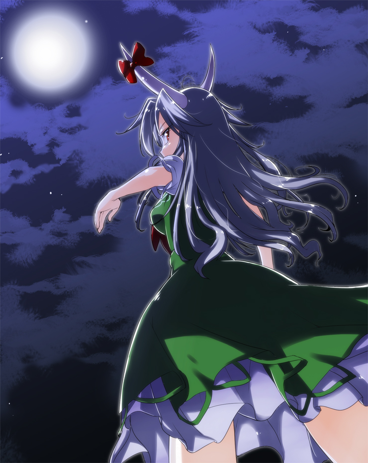 kiku hitomoji, tora tooru, ex-keine, kamishirasawa keine, touhou, 1girl, arm up, bow, breasts, cloud, cowboy shot, dress, female focus, from behind, from below, full moon, green dress, green hair, horn bow, horn ornament, horns, long hair, looking at viewer, looking back, medium breasts, moon, moonlight, night, outdoors, profile, puffy short sleeves, puffy sleeves, purple hair, red bow, red eyes, short sleeves, sky, solo, standing, star (sky), starry sky, tsurime