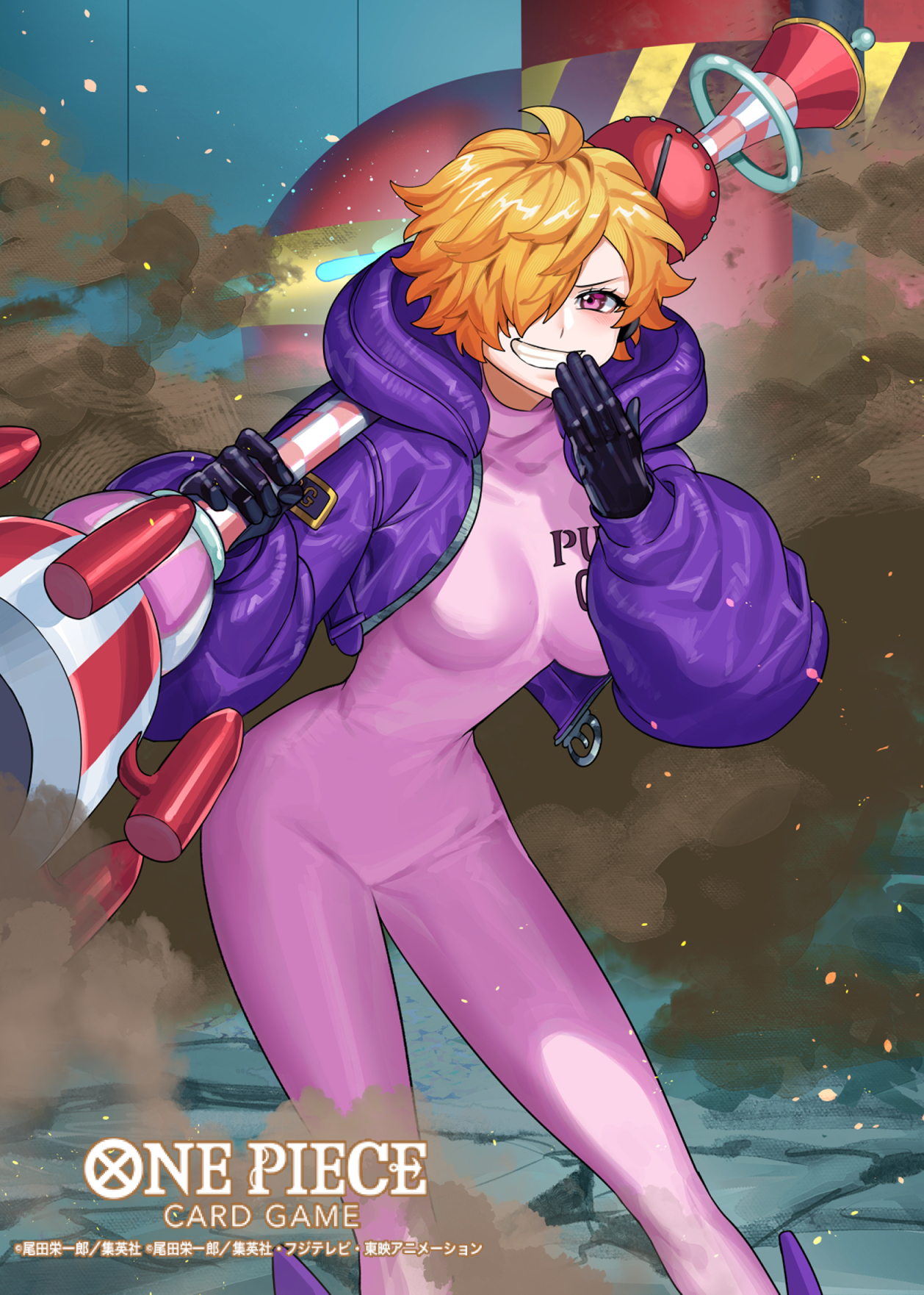 sunohara (encount), vegapunk lilith, one piece, one piece card game, commentary request, highres, official art, 1girl, black gloves, blush, bodysuit, clenched teeth, copyright name, cowboy shot, gloves, hair over one eye, holding, hood, hooded jacket, jacket, looking at viewer, pink bodysuit, pink eyes, purple jacket, short hair, smile, smoke, solo, teeth