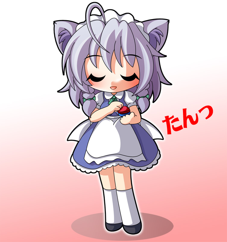 shinjitsu, inu sakuya (nejikirio), izayoi sakuya, k-on!, touhou, silver hair, bad id, bad pixiv id, 1girl, ahoge, animal ears, black shoes, blouse, braid, castanets, dog ears, female focus, full body, gradient background, instrument, kemonomimi mode, kneehighs, maid, parody, pink background, shirt, shoes, short hair, simple background, socks, solo, twin braids, un tan, white background, white shirt, white socks