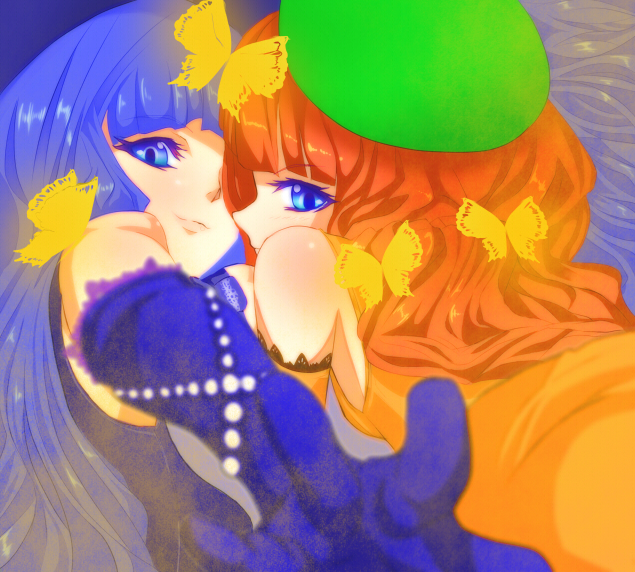 koucha maru, furfur, zepar, 07th expansion, no naku koro ni (series), umineko no naku koro ni, bad id, bad pixiv id, blue eyes, blue hair, bug, butterfly, crossdressing, gloves, hat, jewelry, long hair, red hair, trap