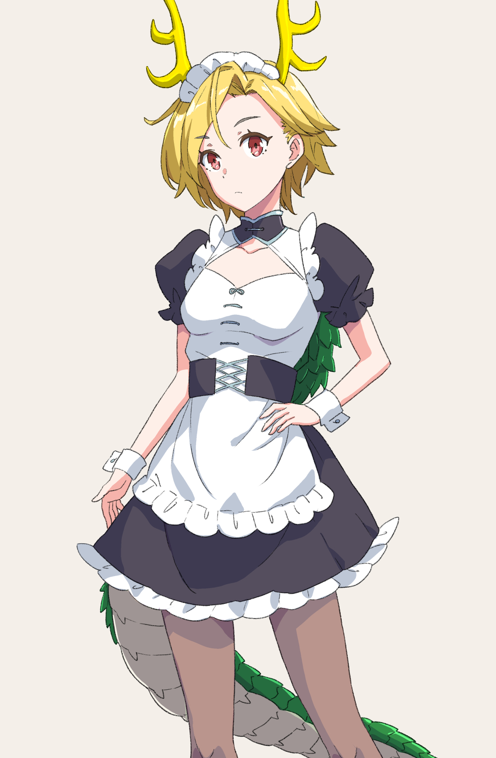 jack (wkm74959), kicchou yachie, touhou, commentary request, highres, 1girl, apron, black dress, blonde hair, breasts, collarbone, dragon horns, dragon tail, dress, eastern dragon horns, eastern dragon tail, expressionless, frills, hand on own hip, horns, maid, maid apron, maid headdress, pantyhose, red eyes, short hair, small breasts, solo, swept bangs, tail, turtle shell, wrist cuffs