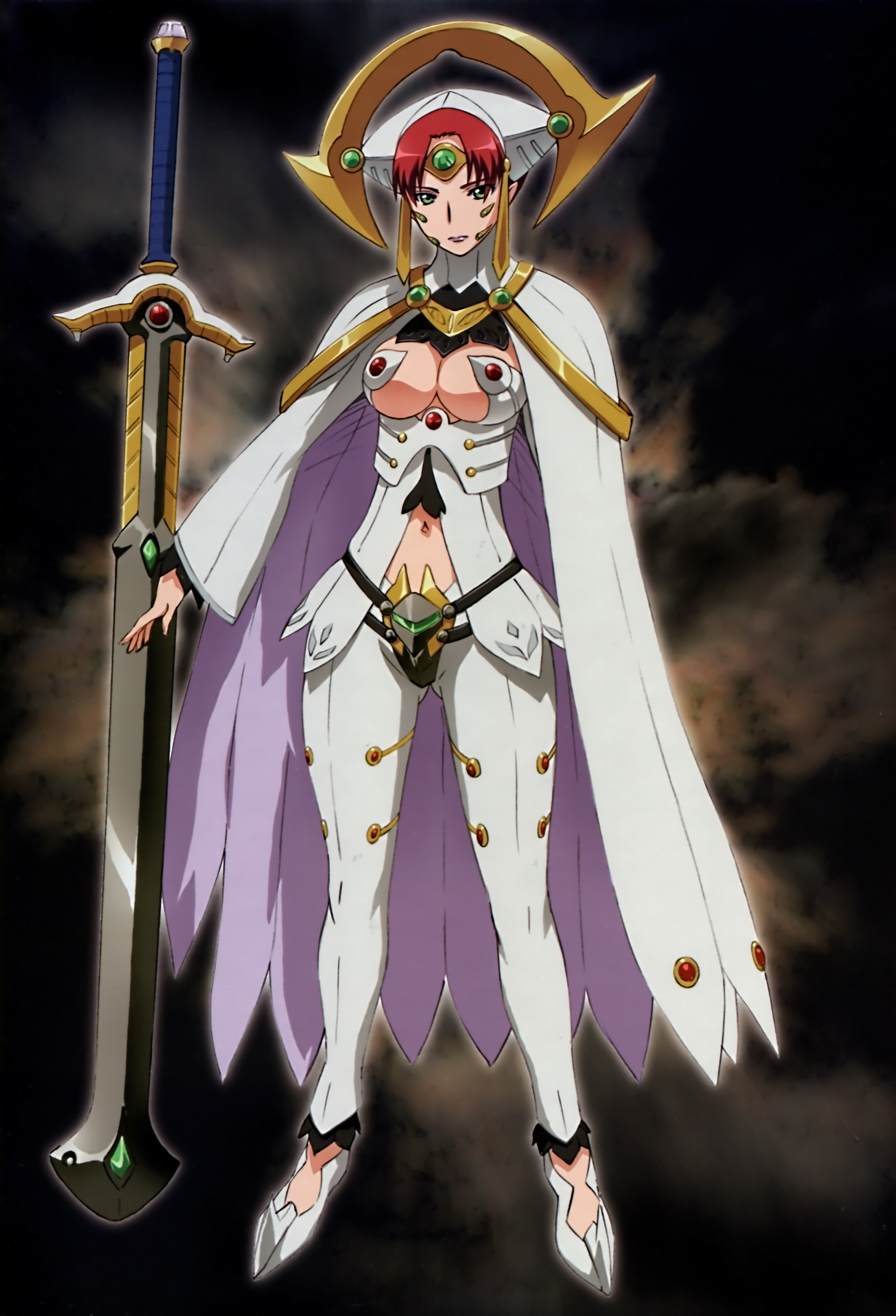 claudette (queen's blade), thundercloud queen claudette, queen's blade, queen's blade rebellion, absurdres, highres, non-web source, 10s, 1girl, armor, breasts, cape, cleavage, female focus, full body, gradient background, green eyes, hat, red hair, shoes, solo, sword, weapon