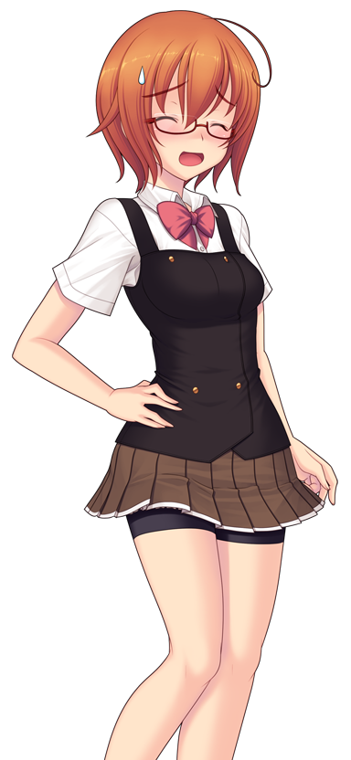yuugure pairo, horikoshi hinano, game cg, large variant set, non-web source, official art, variant set, 1girl, ahoge, bike shorts, bike shorts under skirt, blush, bow, bowtie, brown skirt, closed eyes, genseishinki sacred virth, glasses, hand on own hip, open mouth, orange hair, pleated skirt, red-framed eyewear, school uniform, semi-rimless eyewear, short hair, shorts, shorts under skirt, skirt, solo, sweatdrop, transparent background, under-rim eyewear, vest