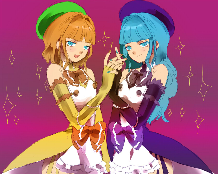 gomadaifuku, furfur, zepar, 07th expansion, no naku koro ni (series), umineko no naku koro ni, bad id, bad pixiv id, 1boy, 1girl, blue eyes, blue hair, bow, brown bow, crossdressing, dress, elbow gloves, gloves, hat, jewelry, long hair, red hair, short hair, smile, trap