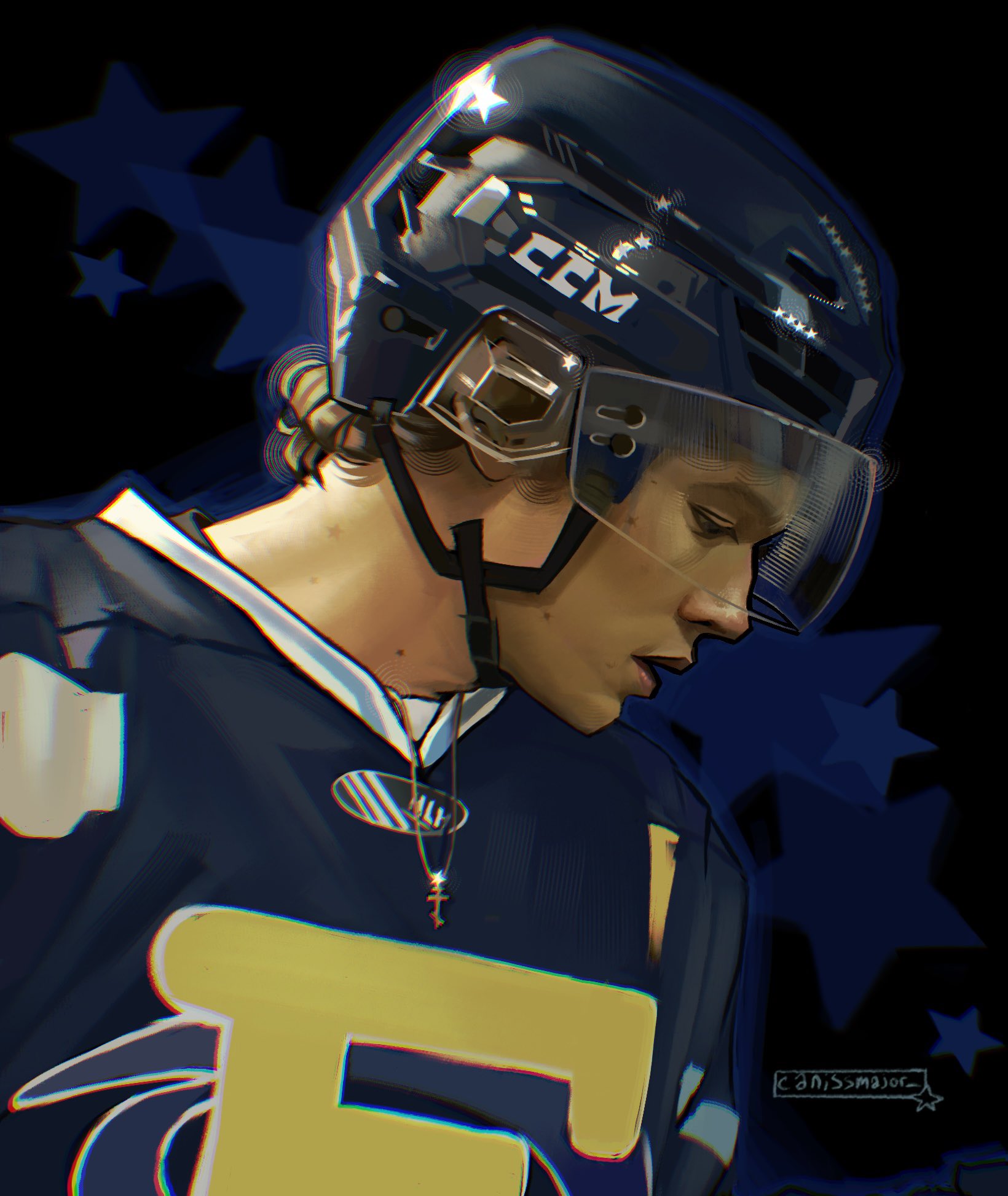 commentary, english commentary, highres, 1boy, artist name, black background, blonde hair, canissmajor, cross, cross necklace, curly hair, from side, heated rivalry, helmet, hockey helmet, hockey sweater, ilya rozanov, jewelry, looking down, male focus, necklace, open mouth, portrait, profile, short hair, solo, star (symbol)