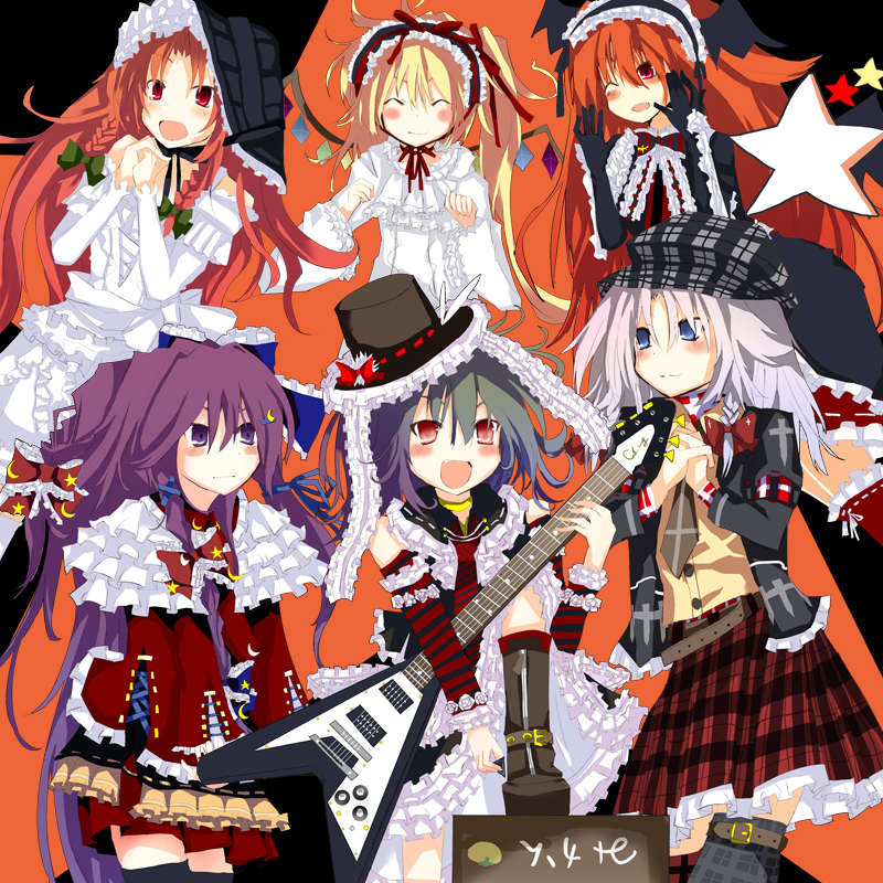 matsushita yuu, flandre scarlet, hong meiling, izayoi sakuya, koakuma, patchouli knowledge, remilia scarlet, embodiment of scarlet devil, touhou, bad id, bad pixiv id, 6+girls, everyone, female focus, guitar, hat, instrument, multiple girls, ribbon, thighhighs, wink