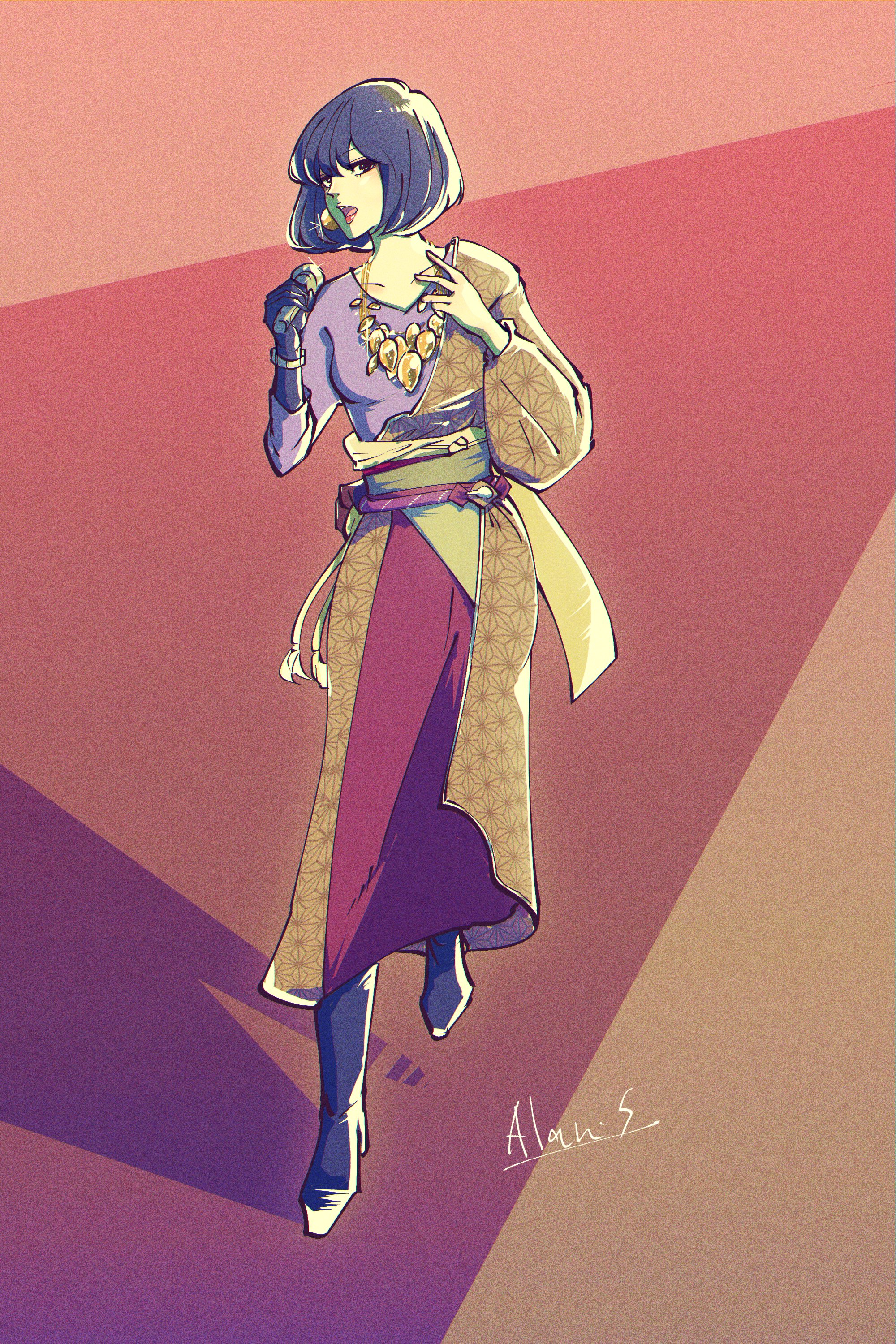 nakamori akina, real life, absurdres, commentary, highres, 1girl, alansmiishe, black boots, black hair, bob cut, boots, earrings, full body, holding, holding microphone, japanese clothes, jewelry, kimono, microphone, music, necklace, obi, sash, shadow, signature, singing, skirt, solo