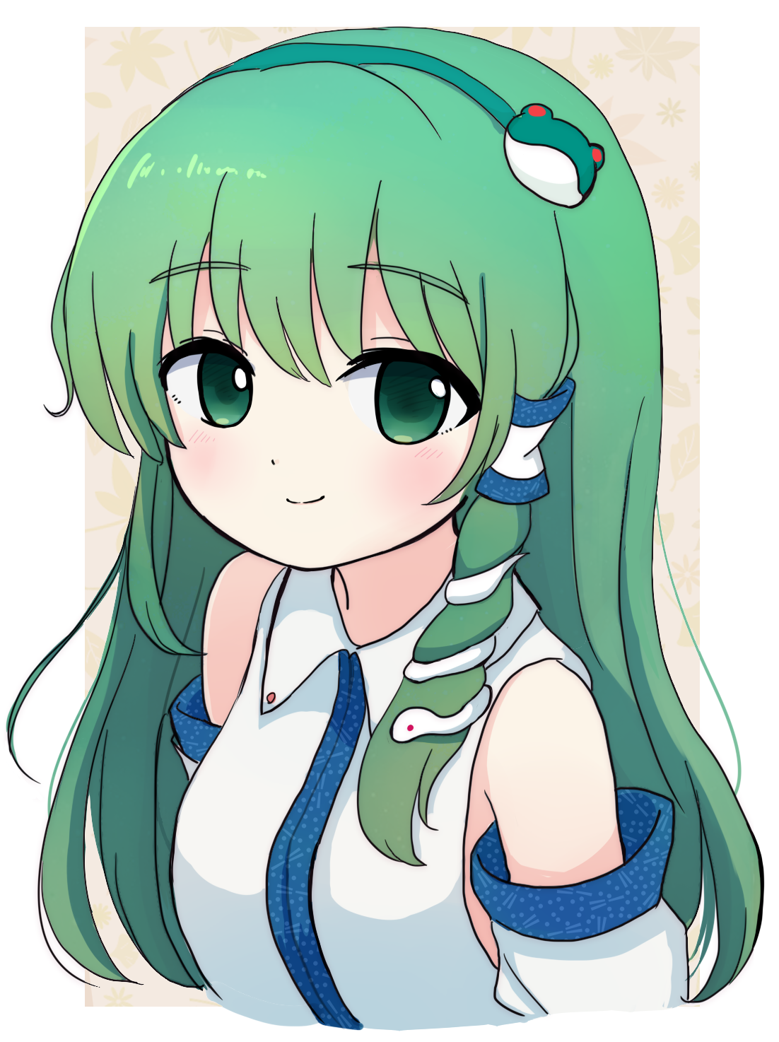 azuma meri, kochiya sanae, touhou, commentary request, highres, 1girl, bare shoulders, closed mouth, collared shirt, detached sleeves, dot nose, frog hair ornament, green eyes, green hair, green hairband, hair ornament, hair tubes, hairband, light blush, long hair, looking at viewer, shirt, simple background, single hair tube, single sidelock, smile, snake hair ornament, solo, upper body, wide sleeves