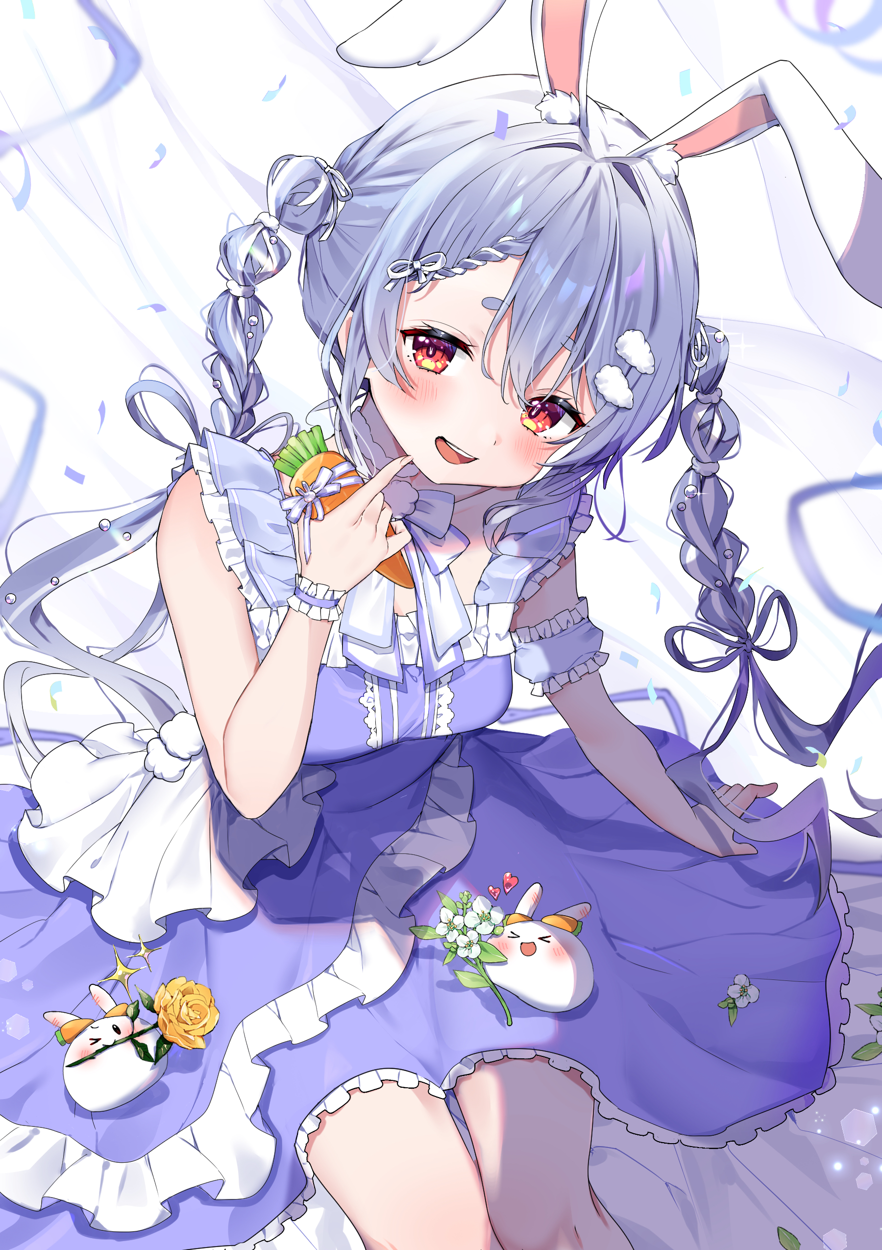 pekomon (usada pekora), usada pekora, hololive, absurdres, commentary request, highres, 1girl, alternate costume, animal ear fluff, animal ears, blush, braid, breasts, carrot, carrot hair ornament, confetti, detached sleeves, dress, flower, food-themed hair ornament, frilled dress, frills, grey hair, hair ornament, long hair, looking at viewer, mi kamii2, multicolored hair, open mouth, puffy short sleeves, puffy sleeves, rabbit ears, rabbit girl, rose, short sleeves, sitting, smile, solo, sparkle, thick eyebrows, twin braids, two-tone hair, virtual youtuber, white background, white hair, wrist cuffs, yellow flower, yellow rose