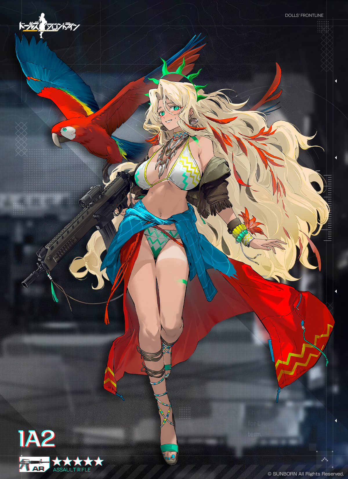 girls' frontline, tagme, 1girl, bikini, bird, blonde hair, breasts, green eyes, large breasts, navel, swimsuit, weapon