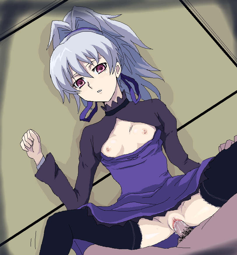 yin (darker than black), darker than black, 1boy, 1girl, black thighhighs, clitoris, clothed sex, clothes pull, dress, dress pull, flat chest, hetero, loli, lying, missionary, nipples, no bra, no panties, on back, penis, pubic hair, purple eyes, purple theme, pussy, ribbon, sex, sketch, solo focus, spread legs, thighhighs, upskirt, vaginal