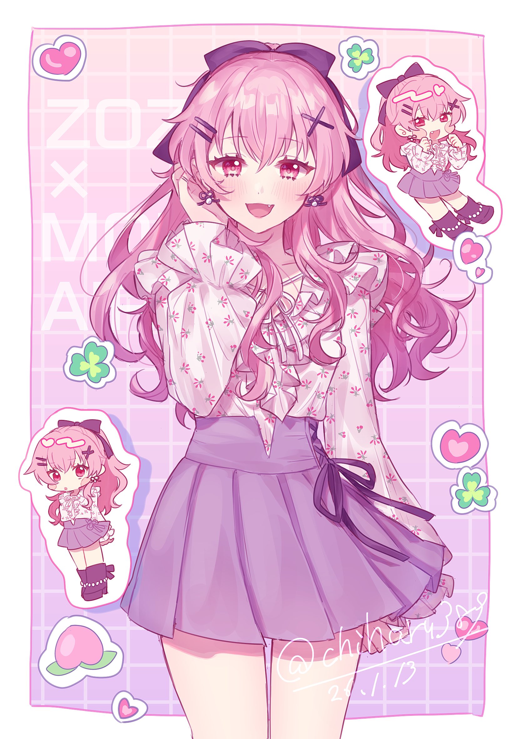 harusawa, momoi airi, project sekai, zozotown, commentary request, highres, 1girl, :d, arm at side, arms behind back, black bow, black ribbon, blush, border, bow, character name, chibi, chibi inset, clover, copyright name, cowboy shot, cross-laced clothes, cross-laced skirt, crossed bangs, dated, dot nose, earrings, fang, floral print, floral print shirt, food, frilled shirt, frills, fruit, grey skirt, grid background, hair between eyes, hair bow, hair ornament, hairclip, hand up, hands up, heart, jewelry, long hair, long sleeves, looking at viewer, miniskirt, neck ribbon, official alternate costume, official alternate hairstyle, open mouth, outside border, parallel hairclips, peach, pink eyes, pink hair, pink shirt, pink theme, pleated skirt, ponytail, ribbon, ribbon earrings, shirt, shirt tucked in, sidelocks, skirt, smile, solo, standing, straight-on, tucking hair, twitter username, white border, x hair ornament