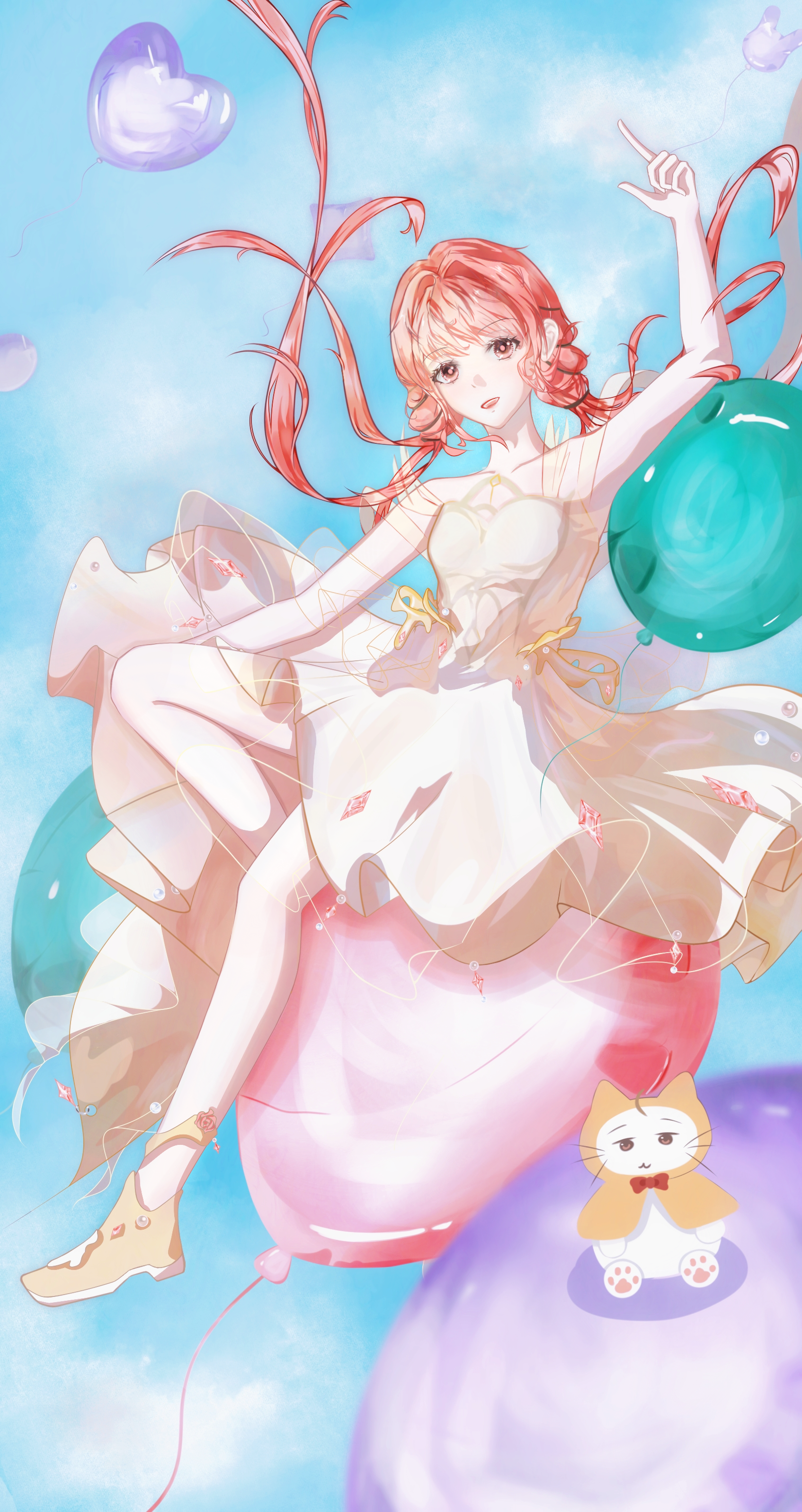momo (nikki), nikki (nikki), infinity nikki, nikki (series), absurdres, chinese commentary, commentary request, highres, 1girl, ahoge, animal, anklet, balloon, bare arms, bare shoulders, black ribbon, blue sky, boots, bow, bowtie, bright pupils, brown eyes, cat, cloak, clothed animal, cloud, dress, ear covers, eyelashes, floating hair, full body, hair ribbon, hair tie, happy, heart balloon, hood, hood up, hooded cloak, jewelry, long hair, looking at viewer, low twintails, off-shoulder dress, off shoulder, open mouth, pink hair, pleated dress, pointing, pointing up, red bow, red bowtie, ribbon, see-through clothes, see-through sleeves, short dress, short sleeves, sitting, sky, smile, traditional bowtie, tress ribbon, twintails, very long hair, wavy hair, whiskers, white cat, white pupils, yanjiujun, yellow boots, yellow cloak, yellow dress