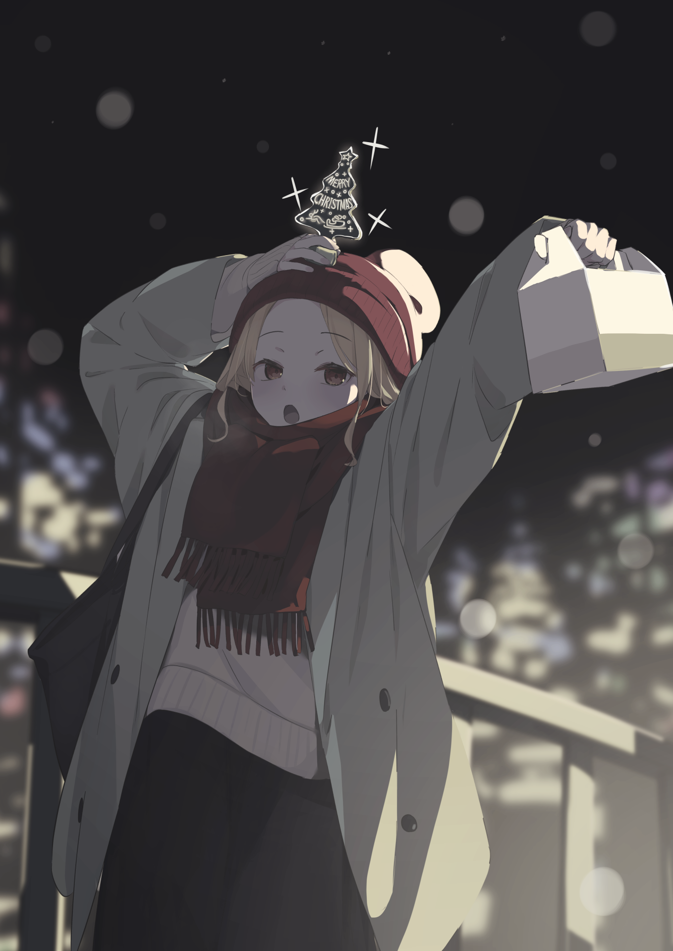 rb2, original, commentary request, highres, 1girl, beanie, black bag, black skirt, blonde hair, blurry, blurry background, bokeh, box, brown coat, brown eyes, brown sweater, christmas, christmas tree, coat, depth of field, hand on own head, hat, holding, holding box, long sleeves, merry christmas, night, open clothes, open coat, open mouth, outdoors, parted bangs, pastry box, pom pom (clothes), pom pom beanie, railing, red hat, red scarf, scarf, skirt, sleeves past wrists, solo, sweater