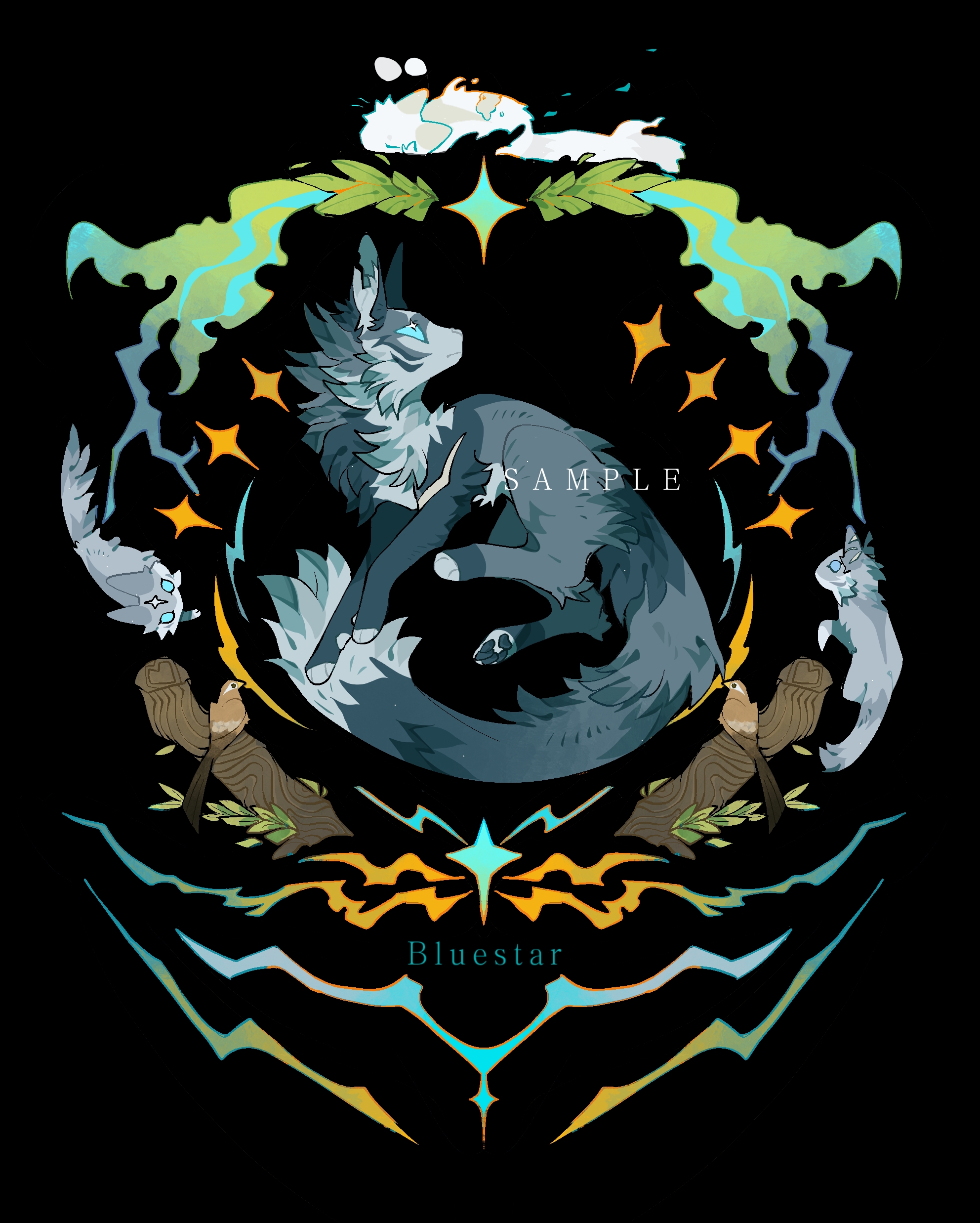 skegliuding, the prophecies begin, warrior cats, absurdres, chinese commentary, commentary, highres, animal, animal focus, baby animal, bird, black background, blue eyes, bluestar (warrior cats), cat, character name, flat color, from side, full body, grey cat, implied death, kitten, mistystar, mosskit, no humans, pawpads, sample watermark, scar, simple background, solo focus, starclan (warrior cats), stonefur, watermark