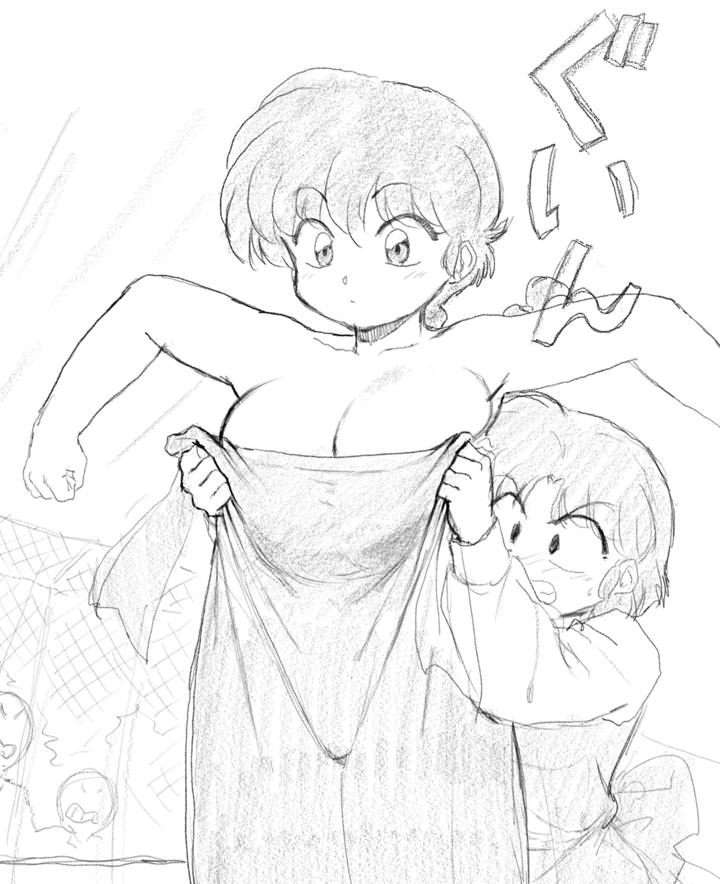 mage (harumagedon), ranma-chan, tendou akane, ranma 1/2, commentary request, highres, 2girls, arms up, assisted coverage, blush, braid, braided ponytail, breasts, cleavage, clenched hands, covering another's breasts, dressing another, embarrassed, greyscale, modesty cover, monochrome, multiple girls, plump, sketch, sound effects