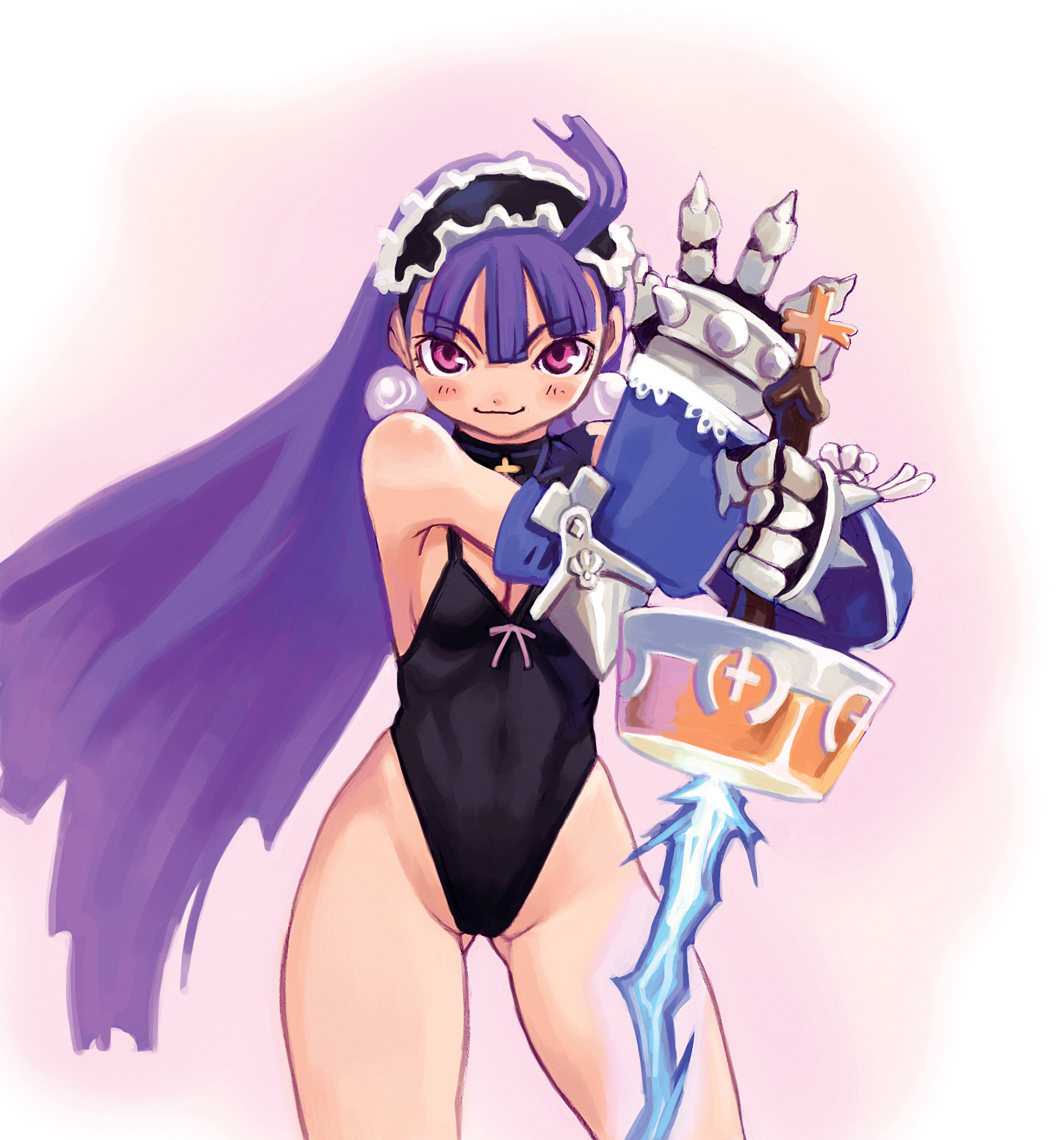 ryoji (nomura ryouji), dark eclair, eclair (la pucelle), la pucelle, nippon ichi, highres, official art, 1girl, bare shoulders, cowboy shot, cross, detached sleeves, earrings, energy sword, female focus, gauntlets, gloves, headdress, highleg, highleg leotard, holding, holding sword, holding weapon, jewelry, leotard, lightning, long hair, pink eyes, purple hair, sexually suggestive, solo, sword, weapon