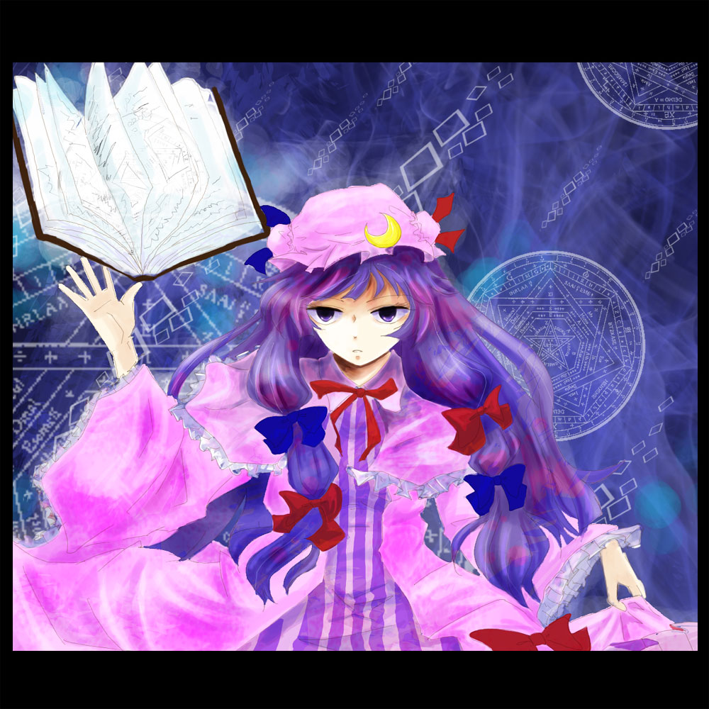 patchouli knowledge, touhou, 1girl, book, bow, female focus, hair bow, hair ribbon, hat, letterboxed, long hair, magic circle, purple eyes, purple hair, ribbon, solo