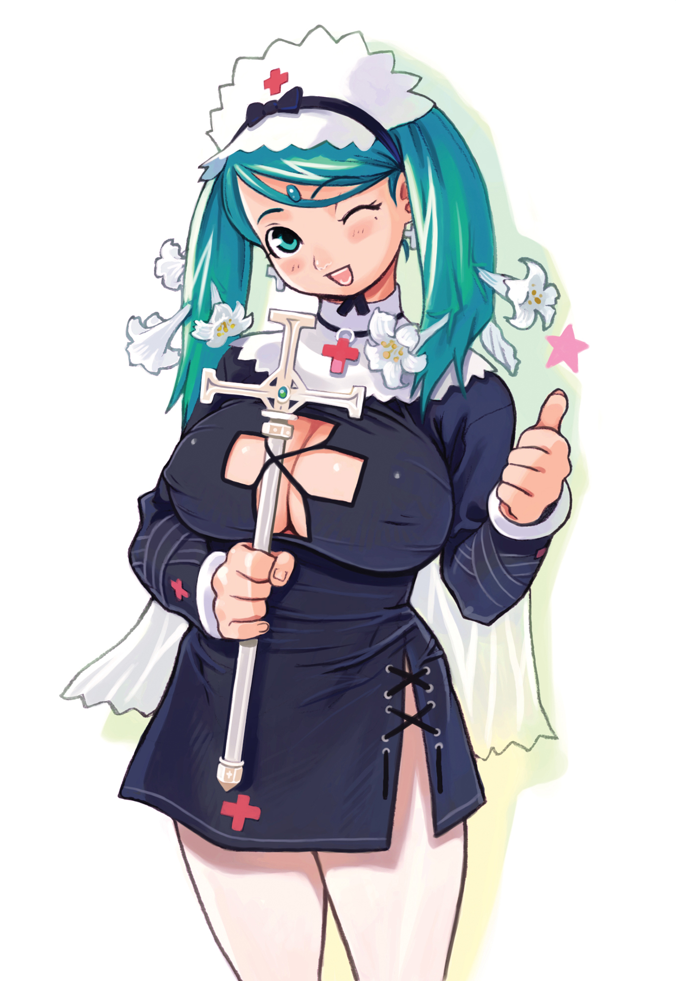 ryoji (nomura ryouji), mugen no fantasia, highres, 1girl, breasts, capelet, cleavage, cleavage cutout, clothing cutout, covered erect nipples, cowboy shot, cross, female focus, flower, forehead jewel, green eyes, green hair, hair flower, hair ornament, hat, head tilt, headdress, holding, jewelry, large breasts, long sleeves, matching hair/eyes, mole, mole under eye, nurse cap, one eye closed, pantyhose, rod, side slit, simple background, solo, star (symbol), thumbs up, white background, white pantyhose, wink
