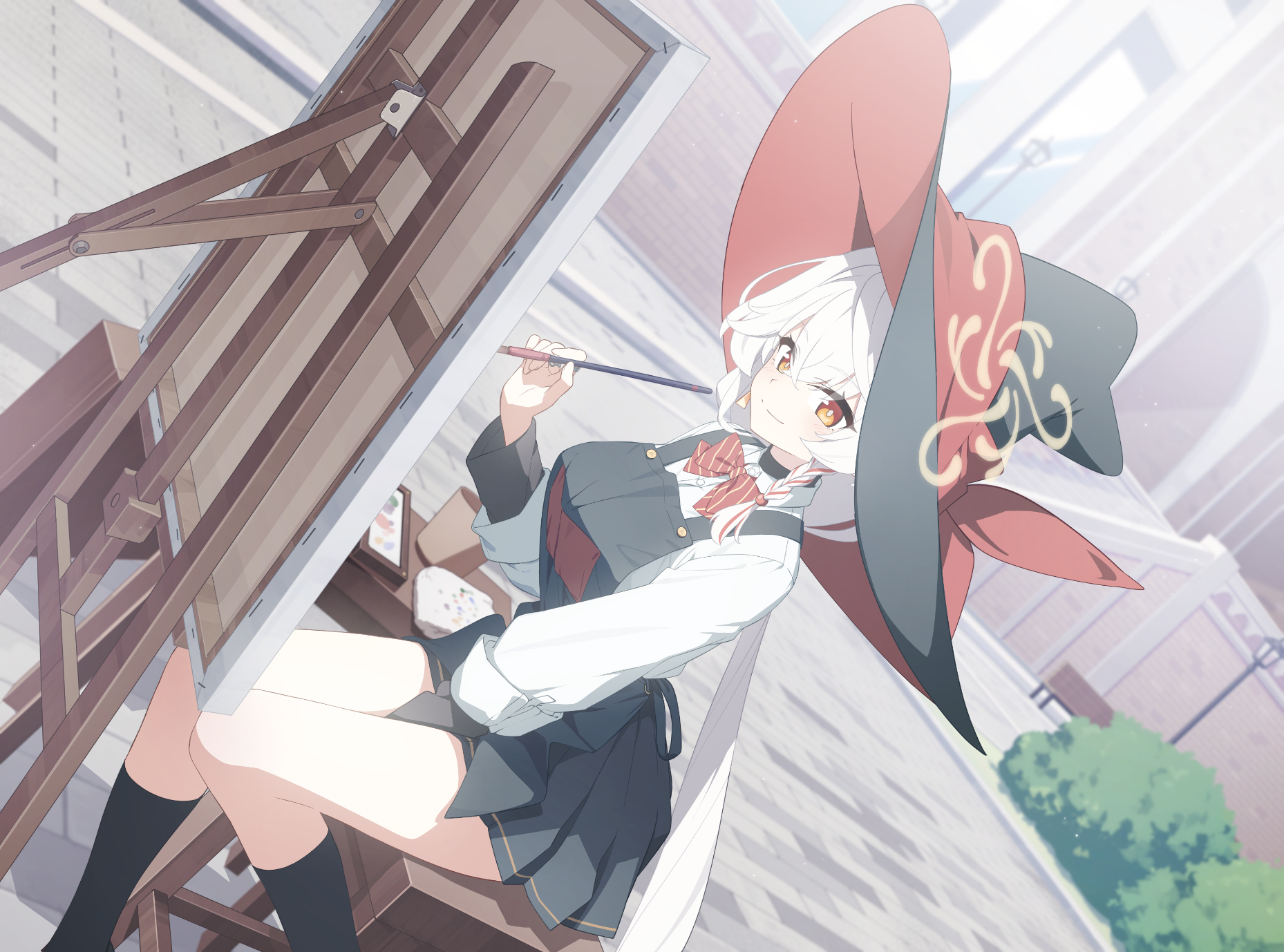 eri (blue archive), blue archive, artist request, highres, official art, 1girl, apron, black skirt, black socks, bow, bowtie, braid, canvas (object), day, diagonal-striped bow, diagonal-striped bowtie, diagonal-striped clothes, dutch angle, halo, hat, holding, holding brush, kneehighs, long hair, long sleeves, miniskirt, orange eyes, outdoors, painting (action), pleated skirt, school uniform, shirt, side halo, sitting, skirt, socks, striped bow, striped bowtie, striped clothes, thighs, white hair, white shirt, witch hat