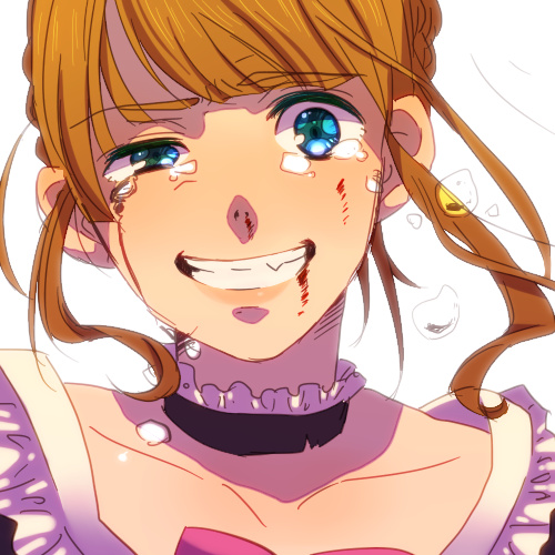 tim (tim411), beatrice (umineko), umineko no naku koro ni, lowres, 1girl, blood, blue eyes, choker, fang, female focus, grin, portrait, smile, solo, tears, uneven eyes