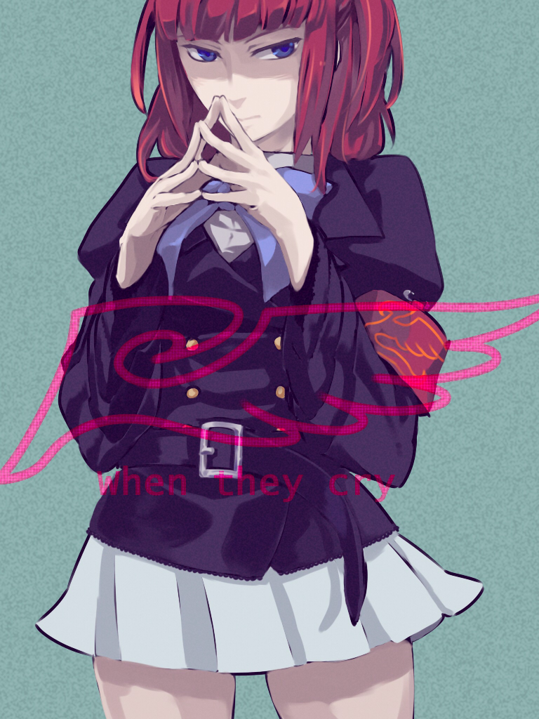 reichi, ushiromiya ange, umineko no naku koro ni, armband, blue eyes, bow, red hair, skirt, solo, twintails, two side up