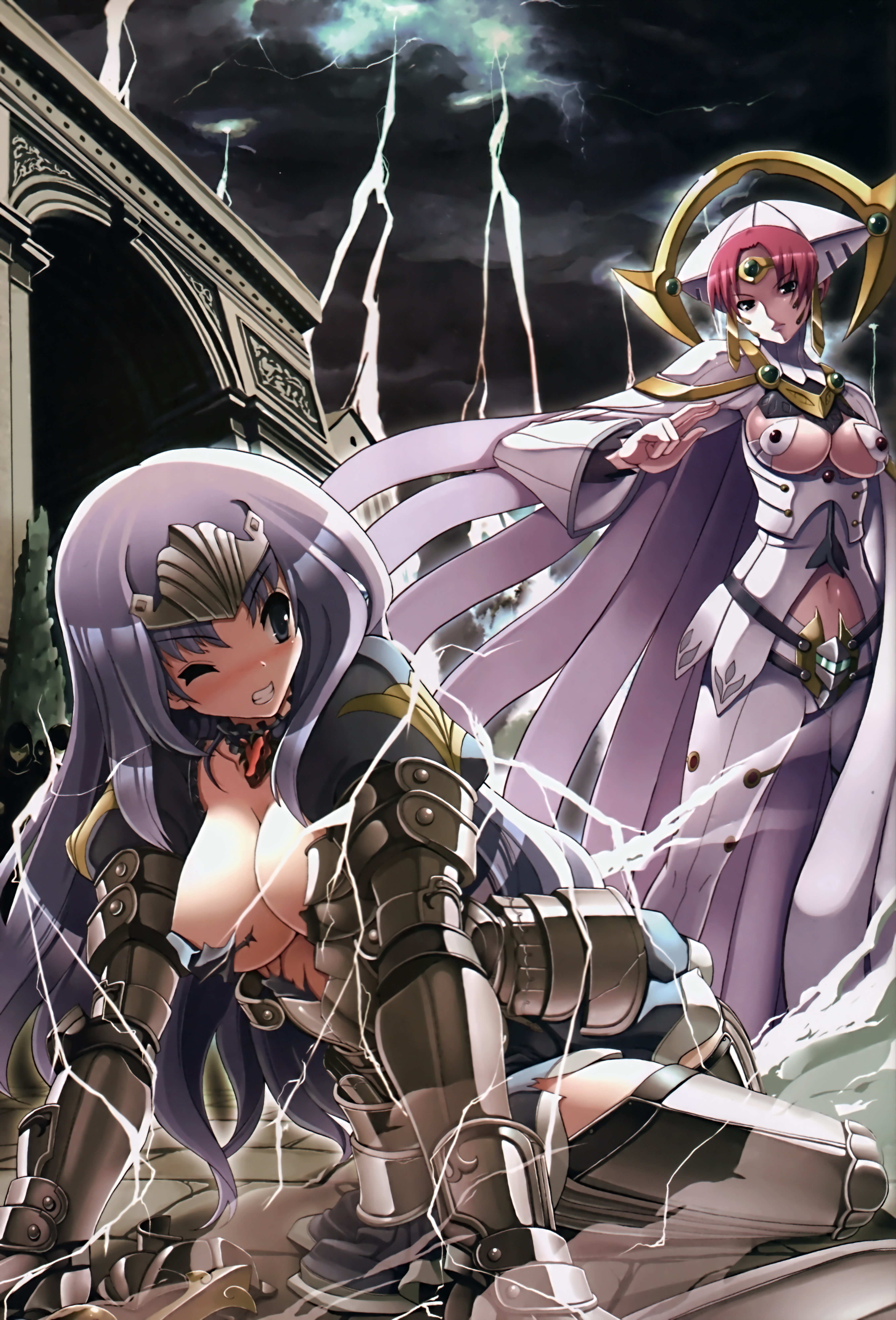 tsurugi hagane, annelotte, claudette (queen's blade), knight princess annelotte, thundercloud queen claudette, queen's blade, queen's blade rebellion, absurdres, highres, 10s, 2girls, annelotte (queen's blade), armor, armored dress, blue eyes, bodysuit, breasts, cape, cleavage, dress, elbow gloves, gloves, green eyes, hat, large breasts, lightning, multiple girls, purple hair, red hair, sword, thighhighs, tiara, torn clothes, weapon, wince