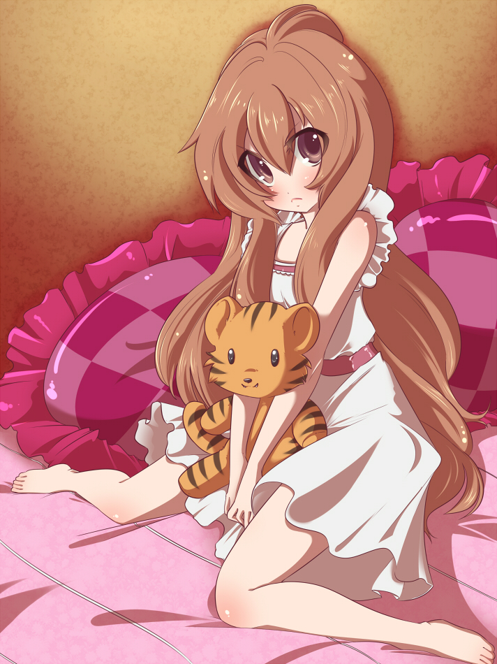 spazzykoneko, aisaka taiga, toradora!, 1girl, barefoot, brown eyes, brown hair, female focus, frilled pillow, frills, long hair, nightgown, pillow, solo, stuffed animal, stuffed tiger, stuffed toy, tiger