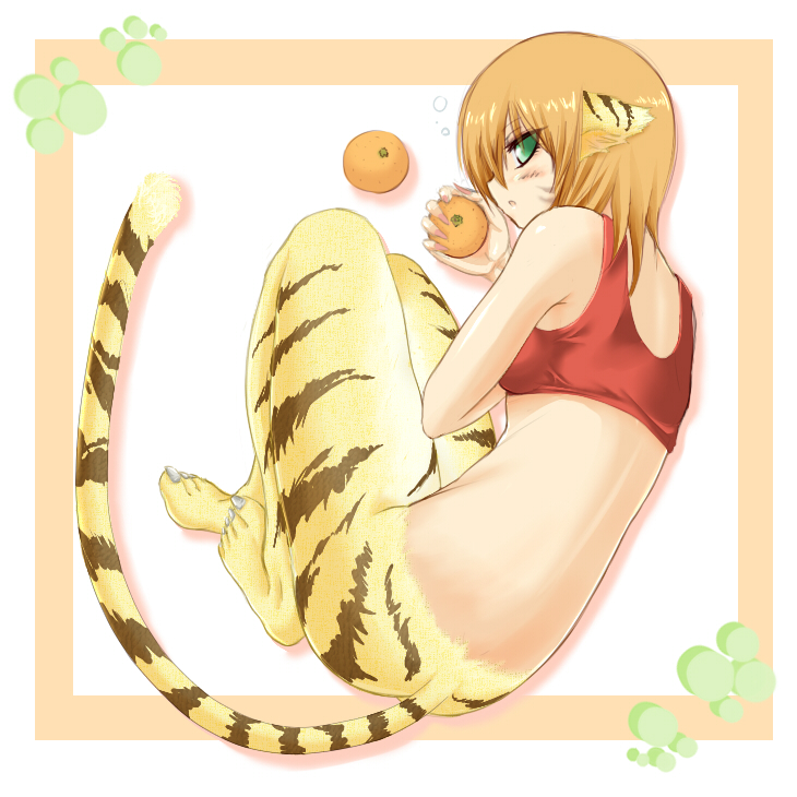 sato toshiya, katt (breath of fire), breath of fire, breath of fire ii, bad id, bad pixiv id, 1girl, animal ears, female focus, food, fruit, green eyes, holding, holding food, holding fruit, orange (fruit), orange hair, solo, tail, tiger ears, tiger tail
